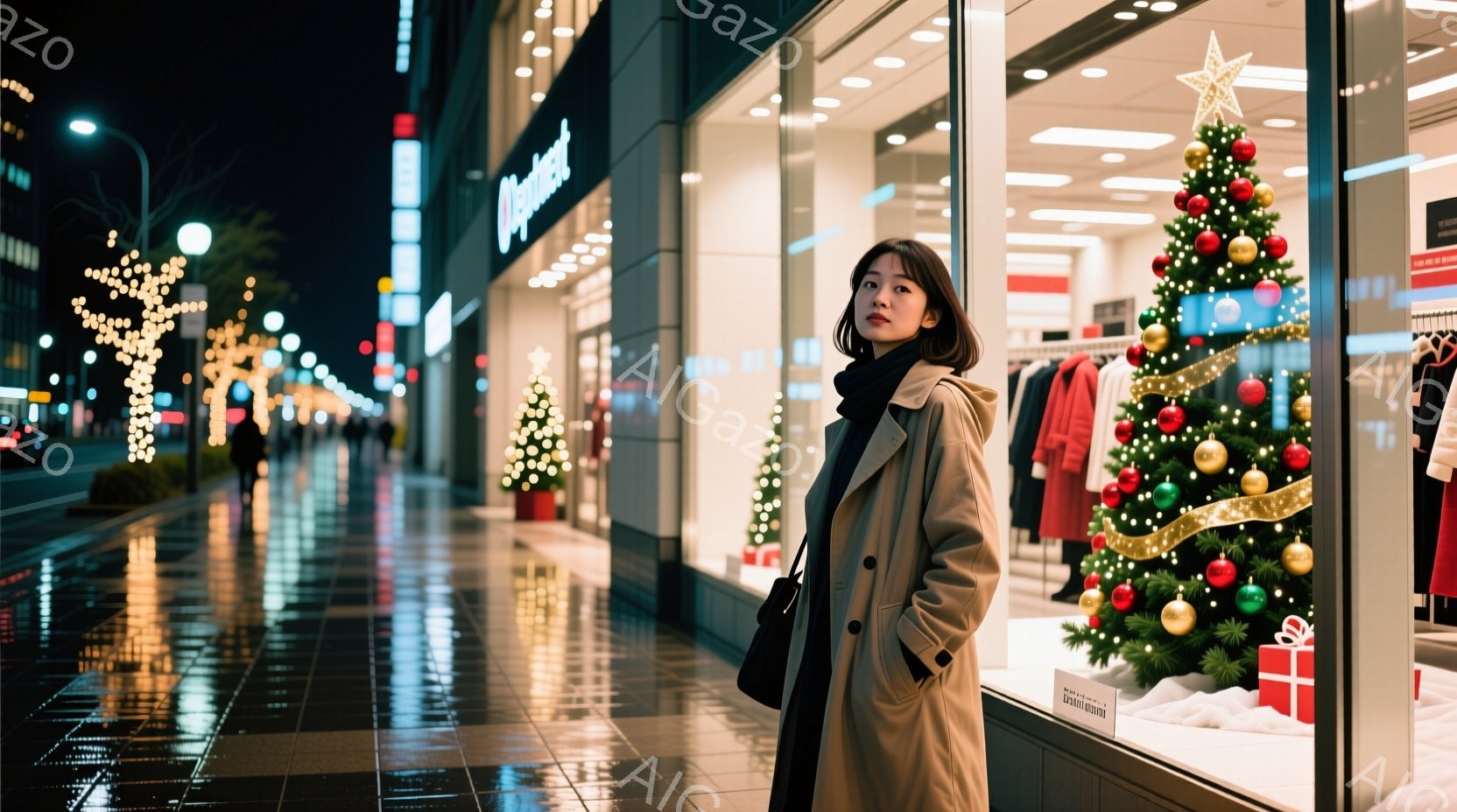一人の女性がベージュ色のコートを着て、街のショーウィンドウの前に立っている。彼女は黒い髪を肩のあたりで切り揃え、少し微笑んでいるように見える。背景にはクリスマスツリーやイルミネーションが輝き、濡れた路面が光を反射し、冬の夜の穏やかな雰囲気を醸し出している。