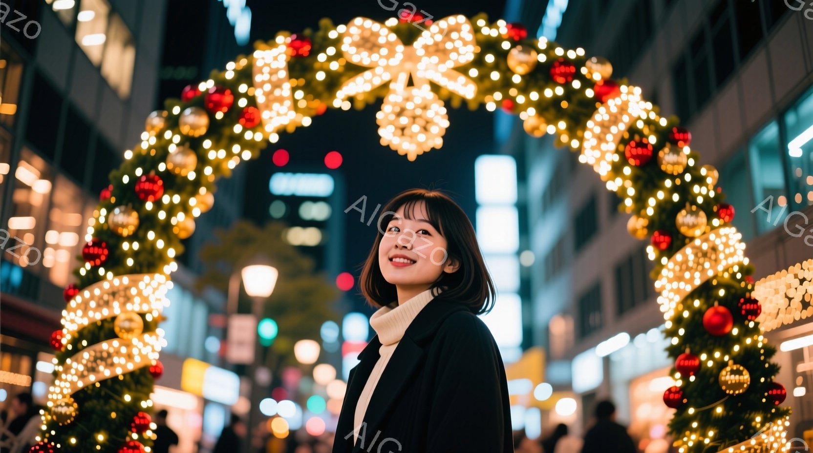 ショートヘアの女性が、クリスマスイルミネーションの前で微笑んでいます。彼女は白いセーターと黒いコートを着ており、リラックスした姿勢でカメラを見ています。背景には高層ビルや他の人々が見え、イルミネーションが輝く夜の街並みが広がっています。