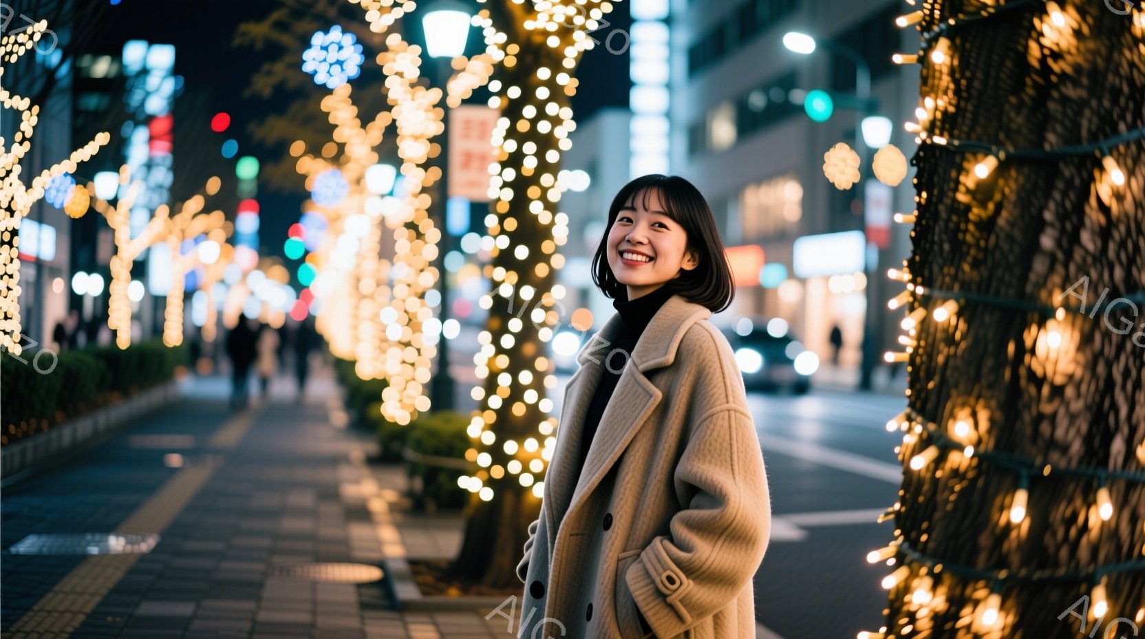 若い女性がベージュ色のオーバーコートを着て、少し微笑んでいます。彼女は短い黒髪で、姿勢はリラックスしており、街路樹に巻き付いた温かい色のイルミネーションの前に立っています。背景には、夜の街並みとぼんやりと見える建物があり、全体的に温かく、お祝いのような雰囲気が漂っています。