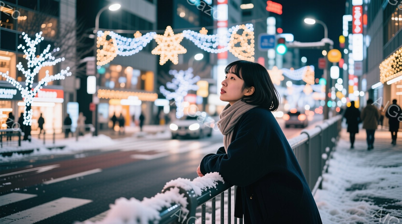 暗い夜の街並みで、若い女性が雪で覆われた柵にもたれかかっている。彼女はダークカラーのコートにマフラーを巻き、短い黒髪は肩にかかっている。背景には、クリスマスのイルミネーションが輝き、雪が降る中、交通量の多い道路と歩行者がぼやけて見える。