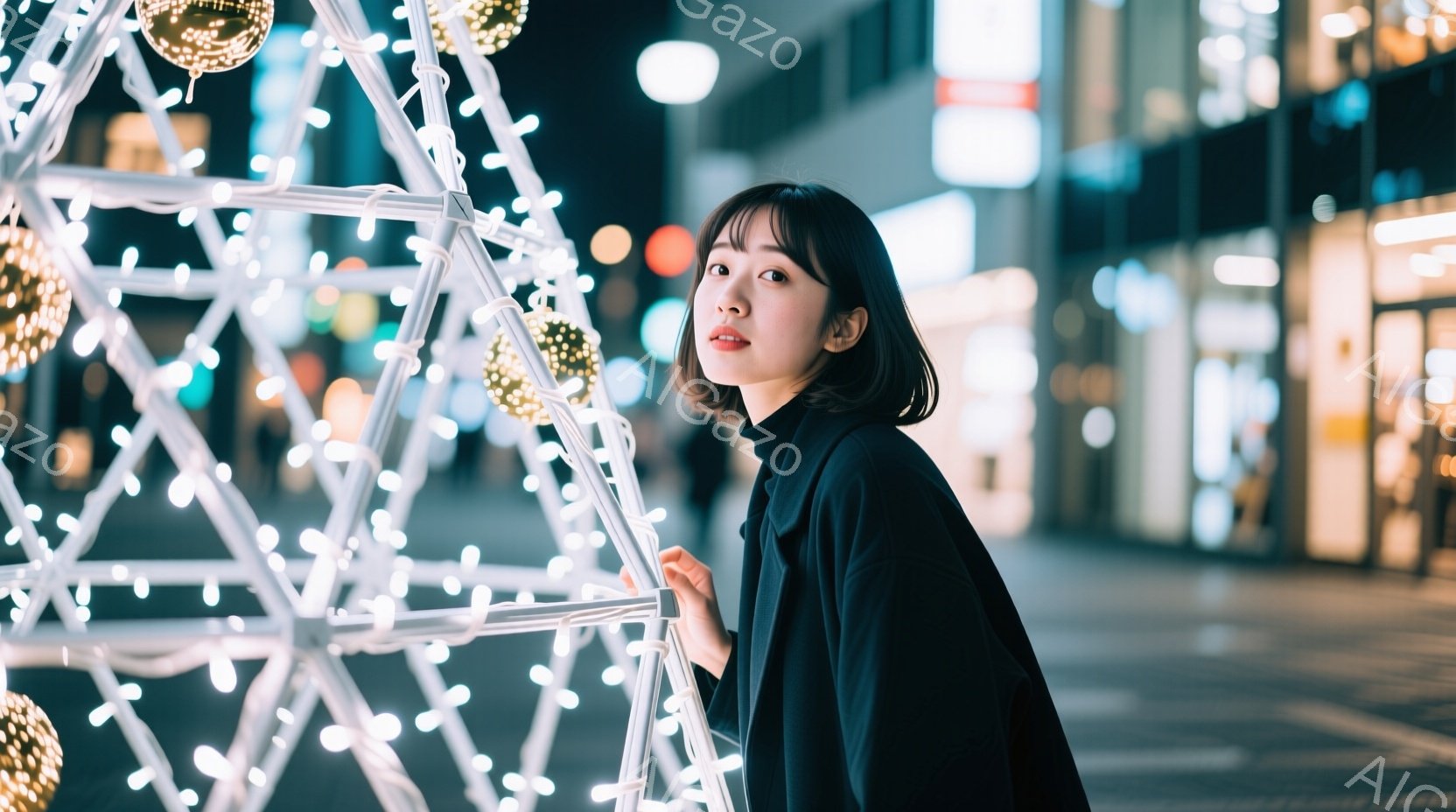 黒いタートルネックセーターを着た若い女性が、光る装飾的な構造物の横に立っている。彼女は前髪を下ろしたボブヘアで、少し微笑んでいる表情をしている。背景には建物が見え、夜の街並みが広がっており、全体的に温かく、幻想的な雰囲気が漂っている。