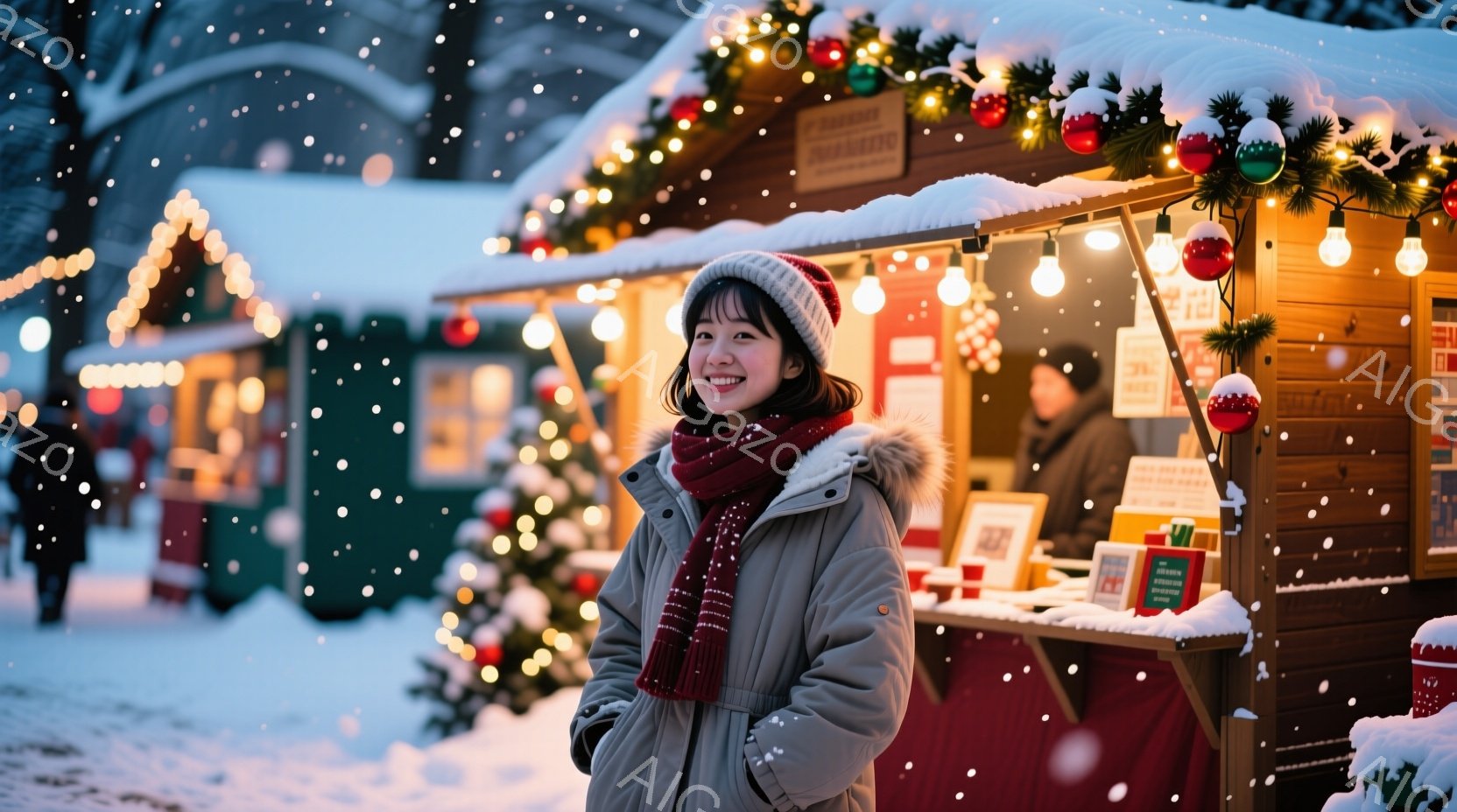 画像には、冬のクリスマスマーケットで笑顔の女性が写っています。彼女は、赤いニット帽と白い襟付きの冬用コート、そして赤いマフラーを身につけており、両手をポケットに入れています。背景には、装飾された木製の屋台やイルミネーション、そして雪が降る冬景色が広がっており、温かく華やかなクリスマスの雰囲気が漂っています。