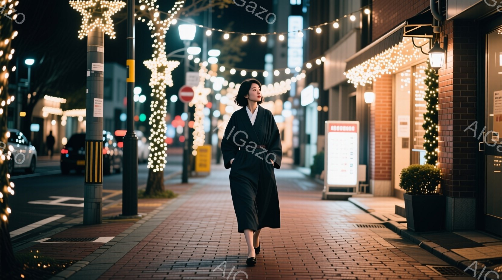 黒い着物を着た女性が、夜の街を歩いている。彼女は前を見据え、少し微笑んでいるように見える。背景には、イルミネーションで飾られた街路樹や、レンガ造りの建物が見え、静かで落ち着いた雰囲気が漂っている。