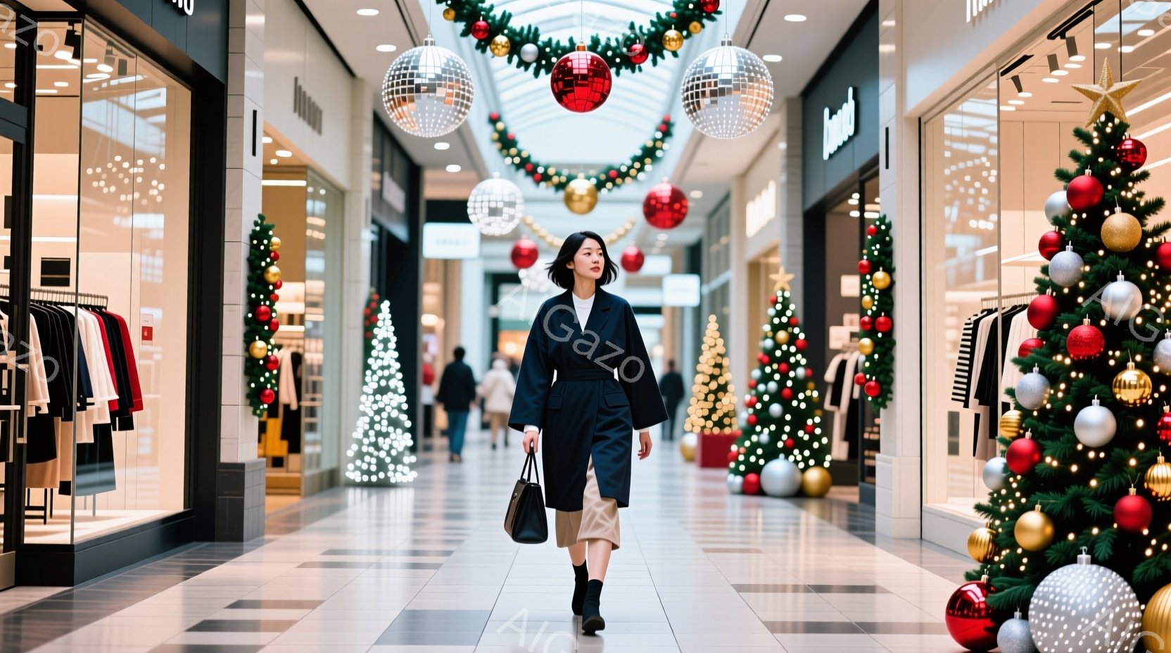 長い黒いコートを着た女性が、ショッピングモールの通路を歩いている。彼女はベージュ色のショートパンツと黒いブーツを履いており、肩にかかったハンドバッグを持っている。背景にはクリスマスツリーや装飾が飾られ - AI生成フリー素材