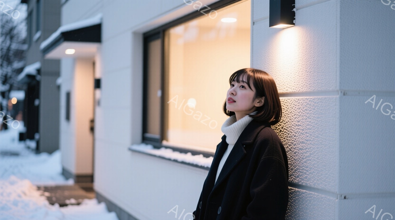 短い黒髪の女性が、白い壁の前に立っている。黒いコートと白いセーターを着ており、少し上を見ている表情はどこか憂いを帯びている。背景には雪が積もり、モダンな建物の壁が確認でき、冬の静かで少し寂しげな雰囲気が漂っている。