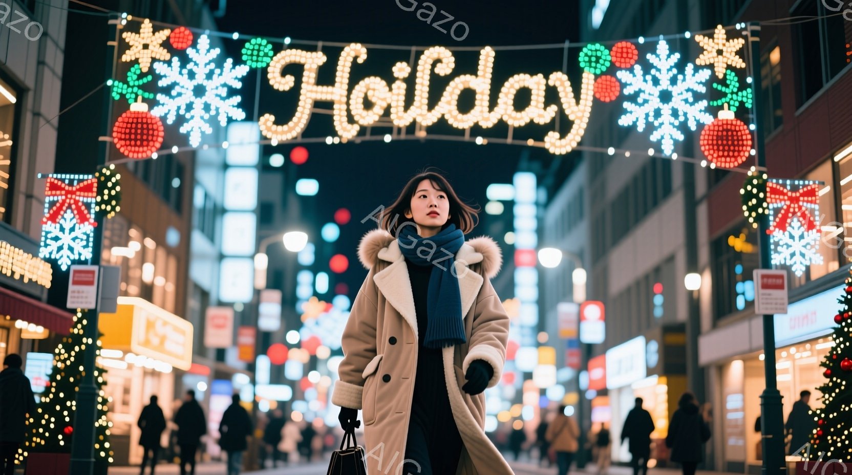 白い冬のコートを着た女性が、イルミネーションが輝く商店街をまっすぐ歩いている。彼女は肩まで届くダークブラウンの髪を耳にかかり、青いマフラーを首に巻いている。背景には、クリスマス装飾が施された建物が並び、多くの人々が歩いているのがぼんやりと見える。