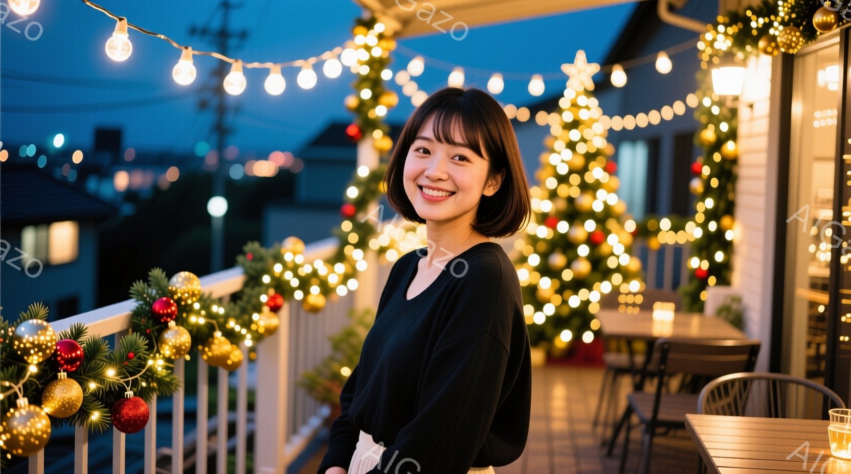 画像には、黒いセーターを着た若い女性が笑顔で立っています。彼女は短くてダークブラウンのヘアスタイルで、手は体の前に軽く添えています。背景にはクリスマスツリーや装飾が輝き、夜の住宅街の景色が広がっており、温かく華やかなクリスマスの雰囲気が漂っています。
