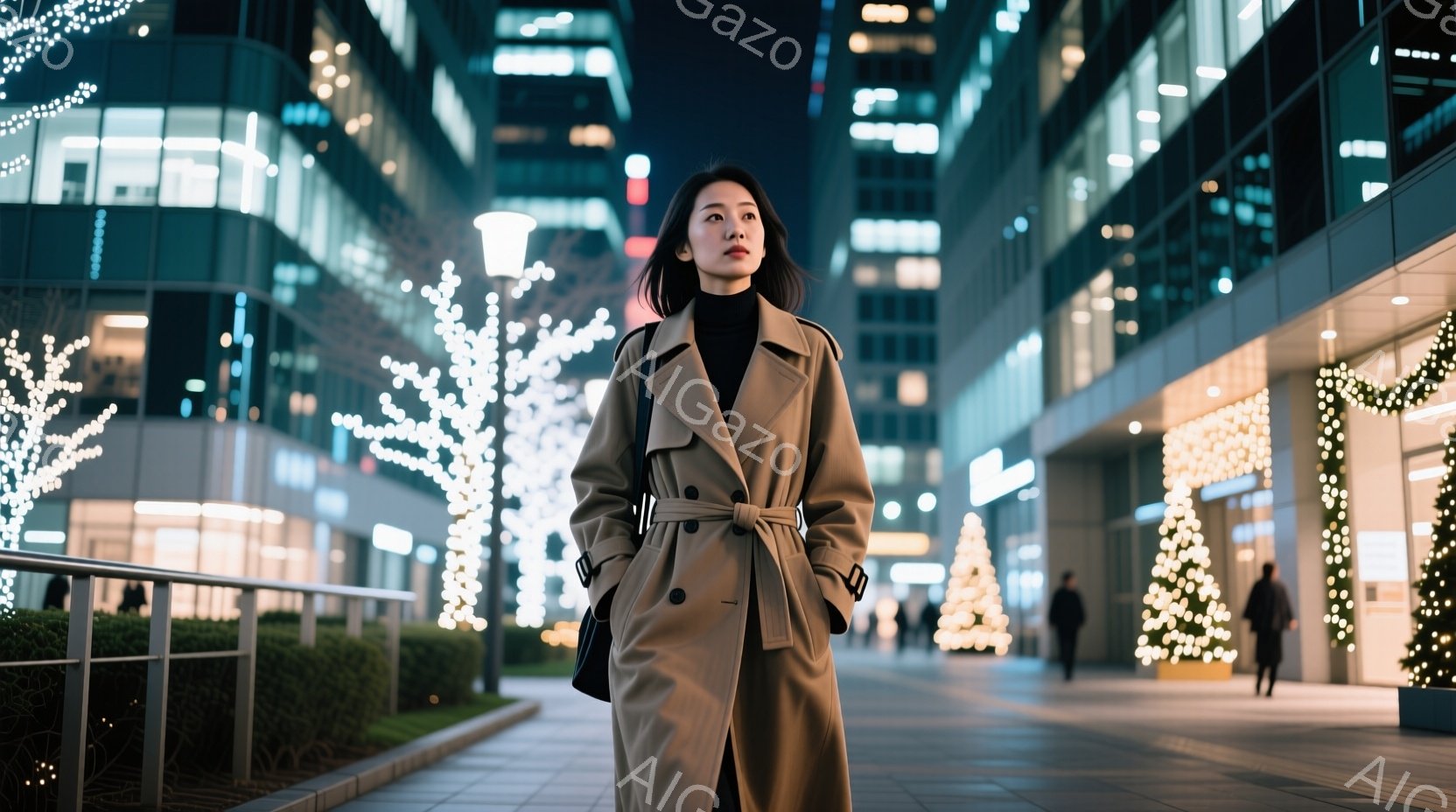 長いベージュのトレンチコートを着た女性が、夜の街をまっすぐ見つめて立っている。彼女は黒髪で、表情はややクールで落ち着いている。背景には、クリスマスイルミネーションで飾られた木々や高層ビル群が広がり、都会的で幻想的な雰囲気を醸し出している。