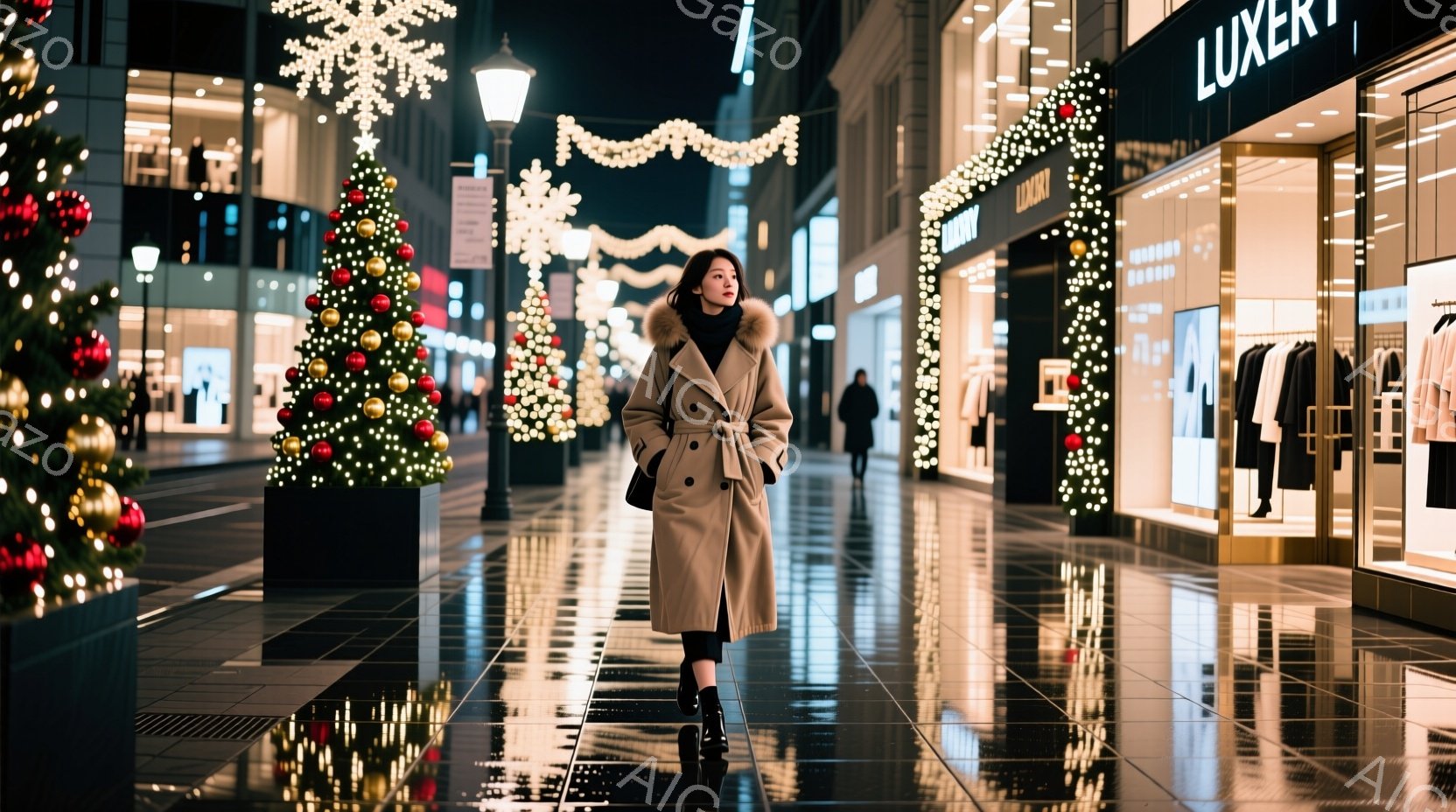 画像には、ベージュ色のロングコートを着た女性が写っています。彼女は黒いレギンスとブーツを履き、毛皮の襟が特徴的なコートを羽織り、前を見ながら歩いています。背景には、クリスマスツリーやイルミネーションで飾られた賑やかな商店街が広がり、濡れた石畳の道に光が反射して幻想的な雰囲気を醸し出しています。