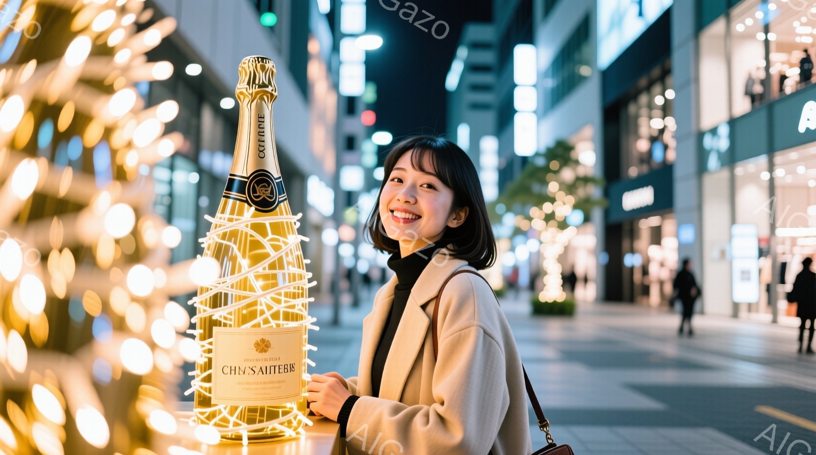 画像には、ベージュ色のコートを着た若い女性が、光り輝く巨大なシャンパンボトル型のイルミネーションの横に立っています。彼女は笑顔で少し体を傾け、片手をイルミネーションに添え、明るい表情でカメラを見ています。背景には高層ビルが立ち並び、夜の街並みがぼんやりと見え、華やかな冬の夜の雰囲気を感じさせます。