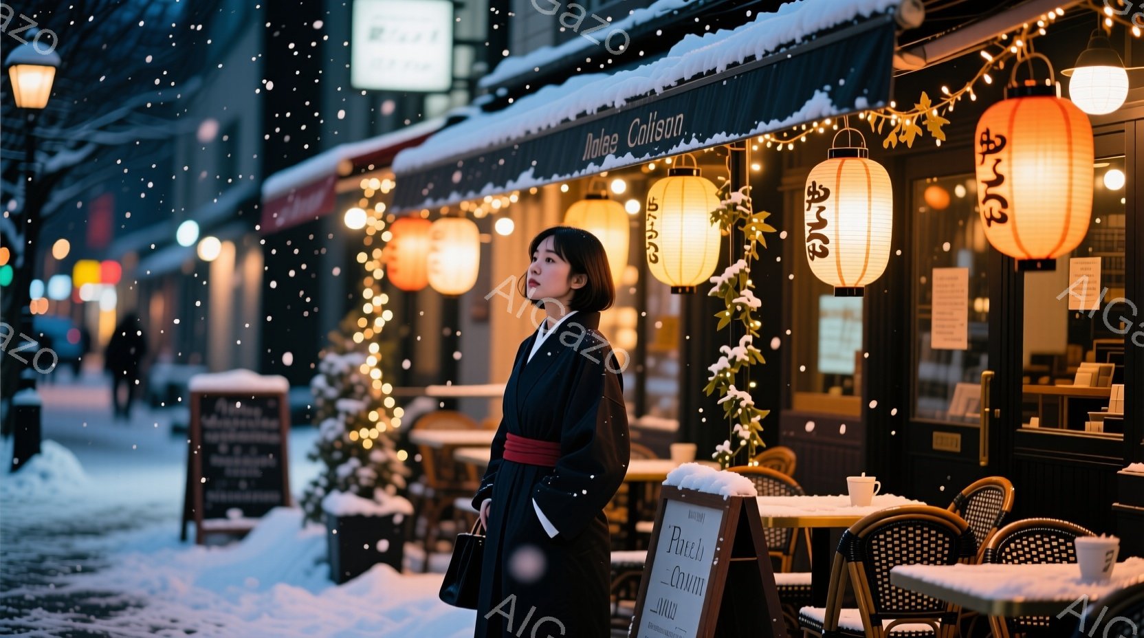 雪が降る街並みで、一人の女性が黒い着物と赤い帯を身に着けて立っている。彼女は肩に黒いバッグをかけ、前髪を下ろした暗い髪で、少し物憂げな表情をしている。背景には、イルミネーションで飾られたカフェやレストランが並び、冬の夜の温かくも静かな雰囲気を醸し出している。