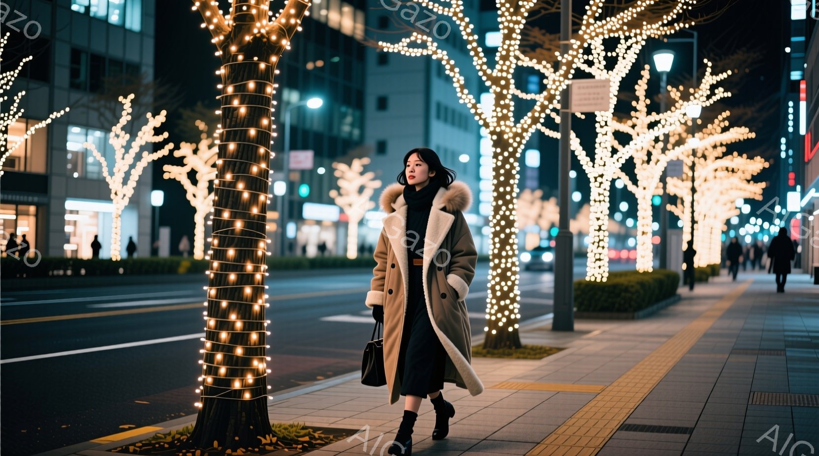長いキャメル色のコートを着た女性が歩道を歩いている。彼女は黒いスカートとブーツを履いており、髪は後ろでまとめている。背景には、クリスマスイルミネーションで飾られた並木道が広がり、夜の街並みが幻想的な雰囲気を醸し出している。