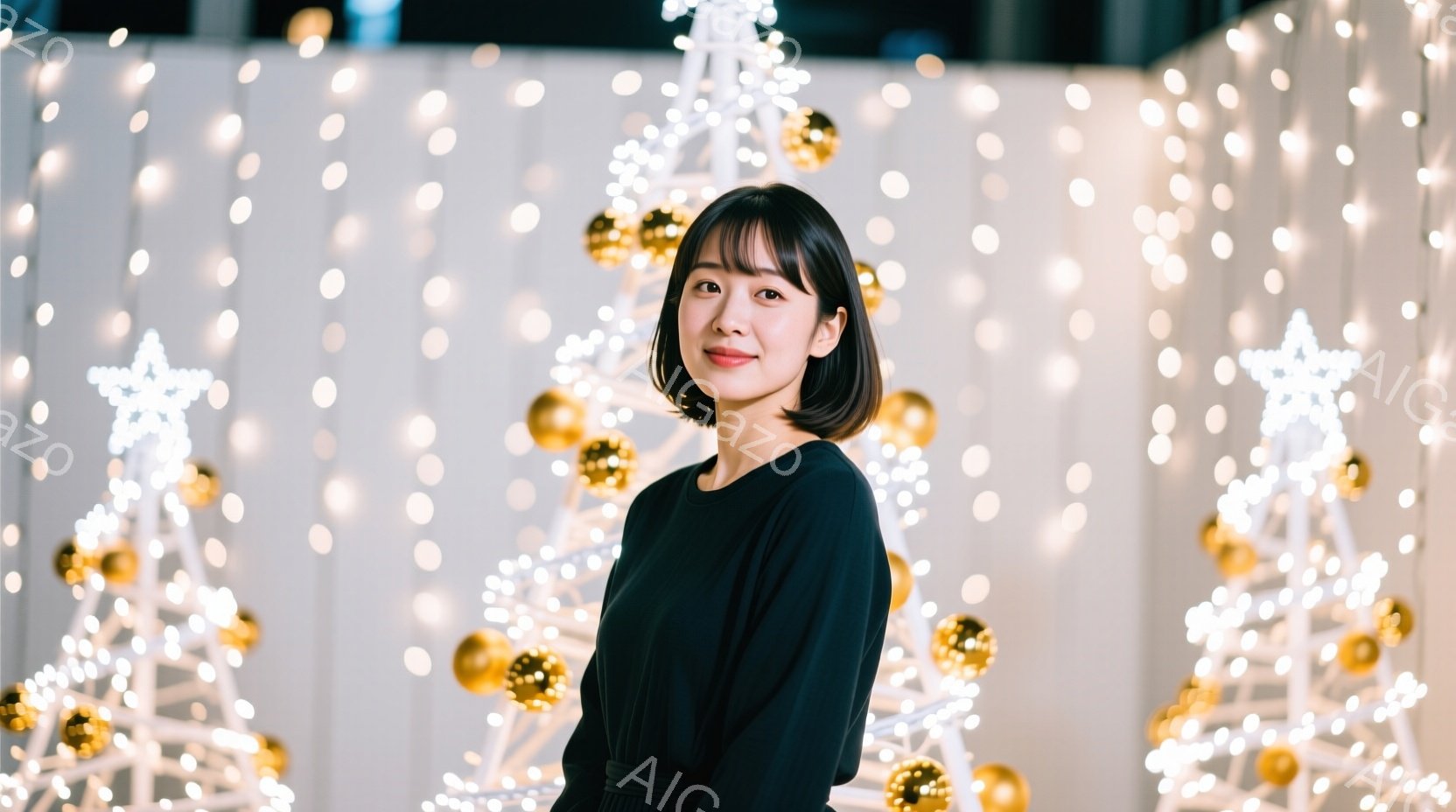 黒い長袖のセーターを着た若い女性が、少し微笑みながら正面を向いています。彼女は短めの黒髪で、前髪が目にかかっています。背景には、白い光で飾られたクリスマスツリーが多数並び、華やかで温かい雰囲気を醸し出しています。