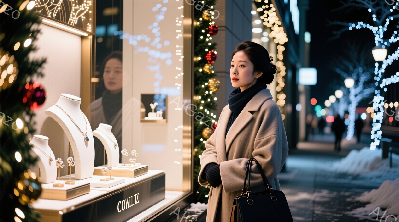 ショーウィンドウを眺める女性が写っています。ベージュのコートと濃い青色のマフラーを着用し、髪はきっちりとまとめられています。背景にはクリスマスイルミネーションが輝き、冬の夜の暖かく華やかな雰囲気が漂っ - AI生成フリー素材