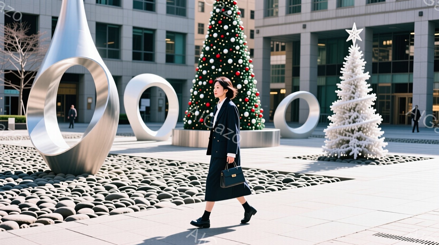 紺色のスーツを着た女性が、石畳の広場を歩いている。彼女は黒いハンドバッグを持ち、前を向いて少し急ぎ足で歩いており、表情ははっきりとは見えないが、凛とした印象を与える。背景には白い彫刻、クリスマスツリー、そして近代的な建物が見え、晴れた日の穏やかな雰囲気が漂っている。