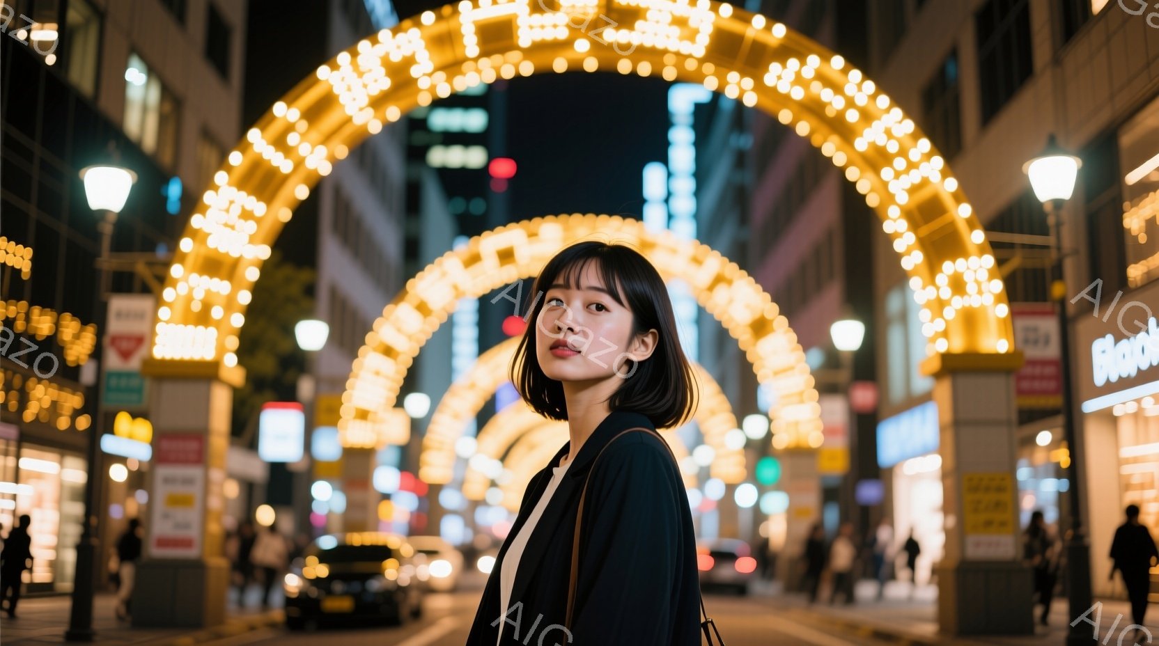 若い女性が街路に立っており、黒いジャケットと白いシャツを着ています。彼女は肩までの長さの黒髪で、わずかに微笑んでカメラを見ています。背景には、明るい光で飾られたアーチ道と多くの人が歩く賑やかな夜の街並みが見えます。