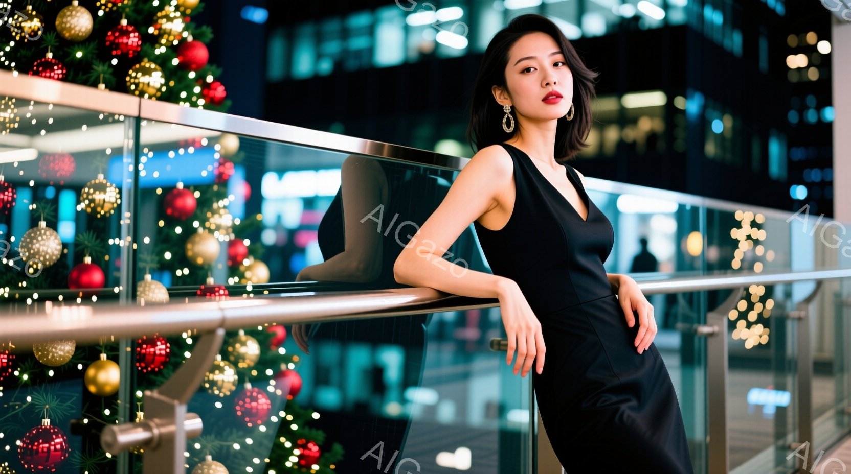 黒いドレスを着た女性が、クリスマスツリーが飾られた建物の手すりに寄りかかっている。彼女は肩を少し落とし、片手を手すりに置き、自信に満ちた表情でカメラを見つめている。背景にはぼやけた建物や光が広がり、華やかで少しミステリアスな雰囲気を醸し出している。