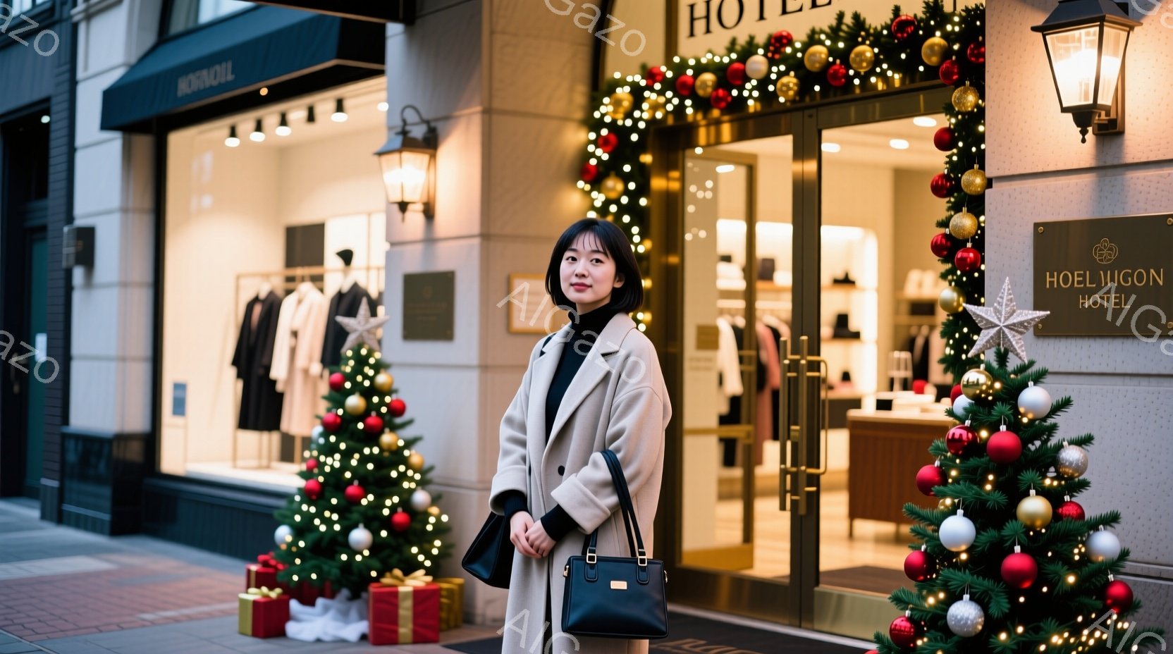 長いベージュのコートを羽織った女性が、クリスマス装飾が施されたホテルの入り口前に立っている。彼女は黒いハンドバッグを持ち、少し微笑んだ表情でカメラを見ている。背景には、クリスマスツリーやイルミネーションが飾られ、冬の暖かく華やかな雰囲気が漂っている。