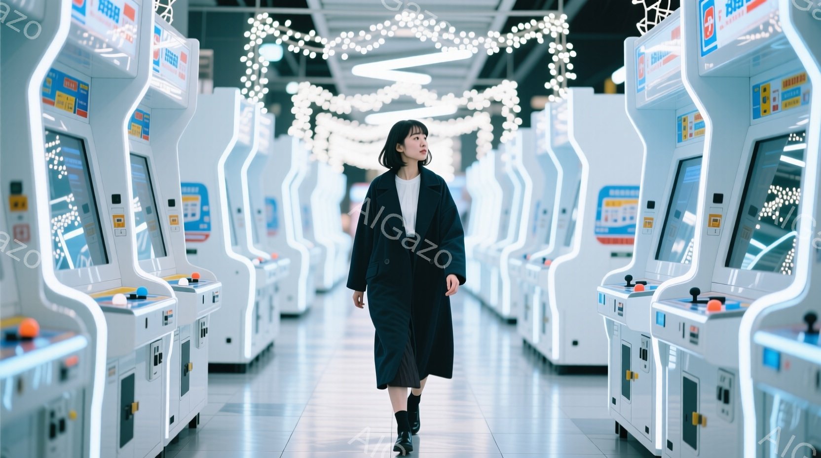 画像には、ゲームセンターの通路を歩く女性が写っている。彼女は黒のロングコートとスカートを身につけ、黒髪をセンターパートにしている。通路の両側には、光るゲーム機が並び、天井には白い光の装飾が施され、未来的な雰囲気を作り出している。