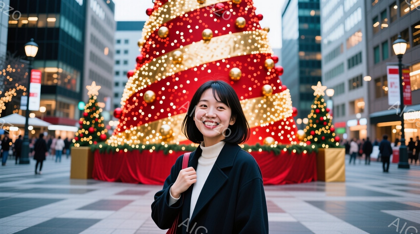 短い黒髪の女性が、クリスマスの巨大なツリーの前で微笑んでいます。彼女は白いセーターと黒いコートを着ており、リラックスした姿勢でカメラを見ています。背景には高層ビルが立ち並び、クリスマスマーケットのような賑やかな雰囲気で、多くの人が歩いています。
