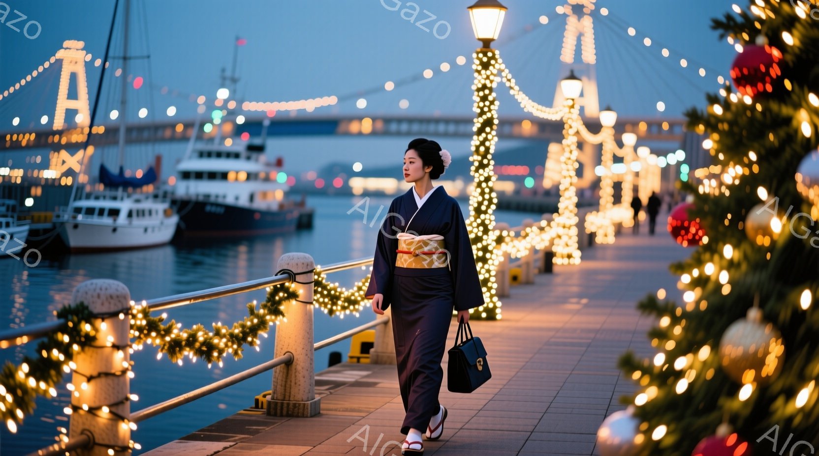 深い藍色の着物を着た女性が、港の遊歩道を歩いている。着物には金色の帯が締まっており、足元は白い草履。背景にはイルミネーションで飾られたクリスマスツリーや、夜景の港の様子が見え、冬の夜の穏やかで幻想的な雰囲気が漂っている。