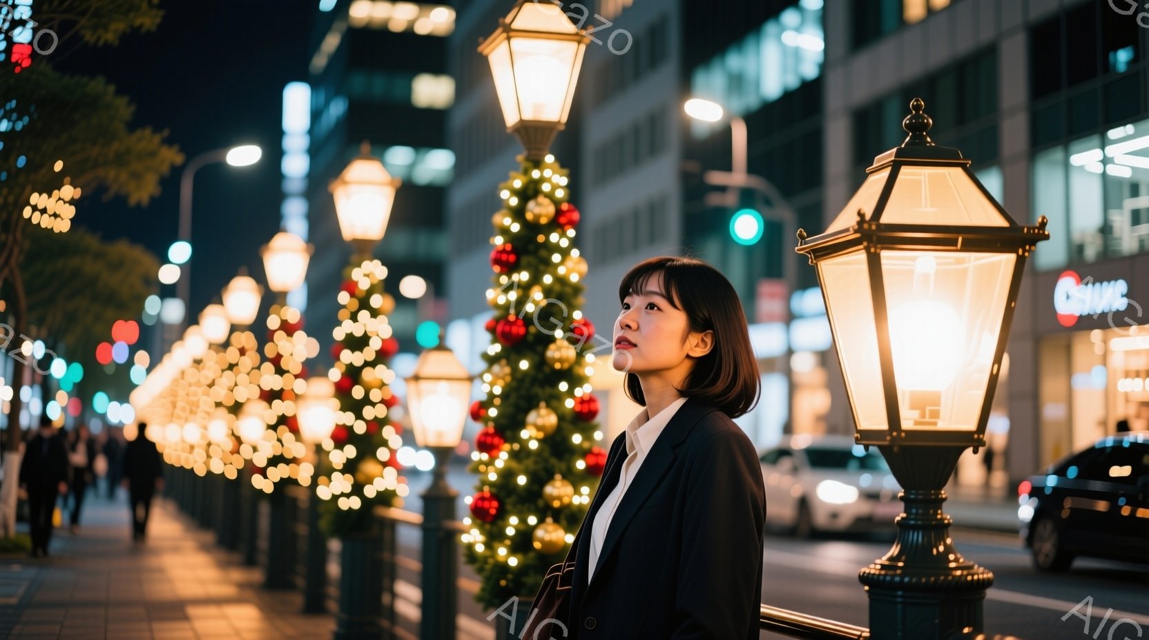 短いボブヘアの女性が、黒いジャケットと白いシャツ姿で、少し上目線で遠くを見つめている。背景には、クリスマスらしいイルミネーションで飾られた通りが広がり、街灯が温かい光を放っている。全体的に、都会的でありながら、温かくロマンチックな雰囲気が漂っている。