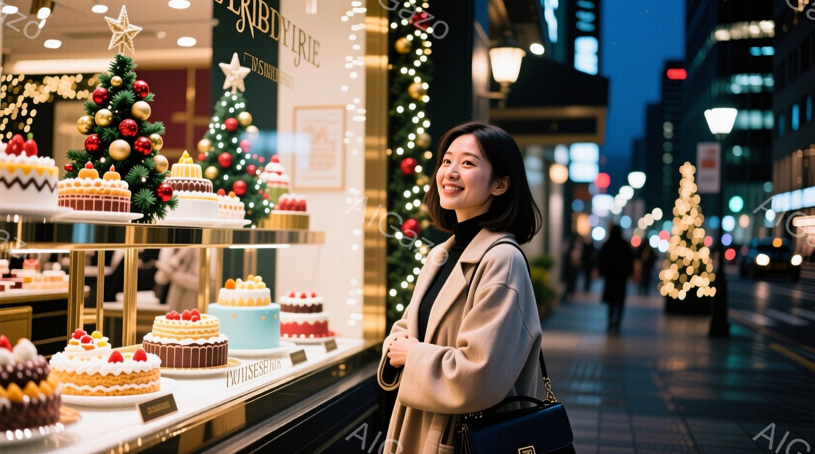 若い女性がショーウィンドウを眺めている様子が写っている。ベージュ色のコートを着て、肩に黒いバッグをかけており、笑顔で少し上を見ている。背景にはクリスマスの装飾が施された建物や道路が見え、夜の街並みがライトアップされ、温かく華やかな雰囲気を醸し出している。