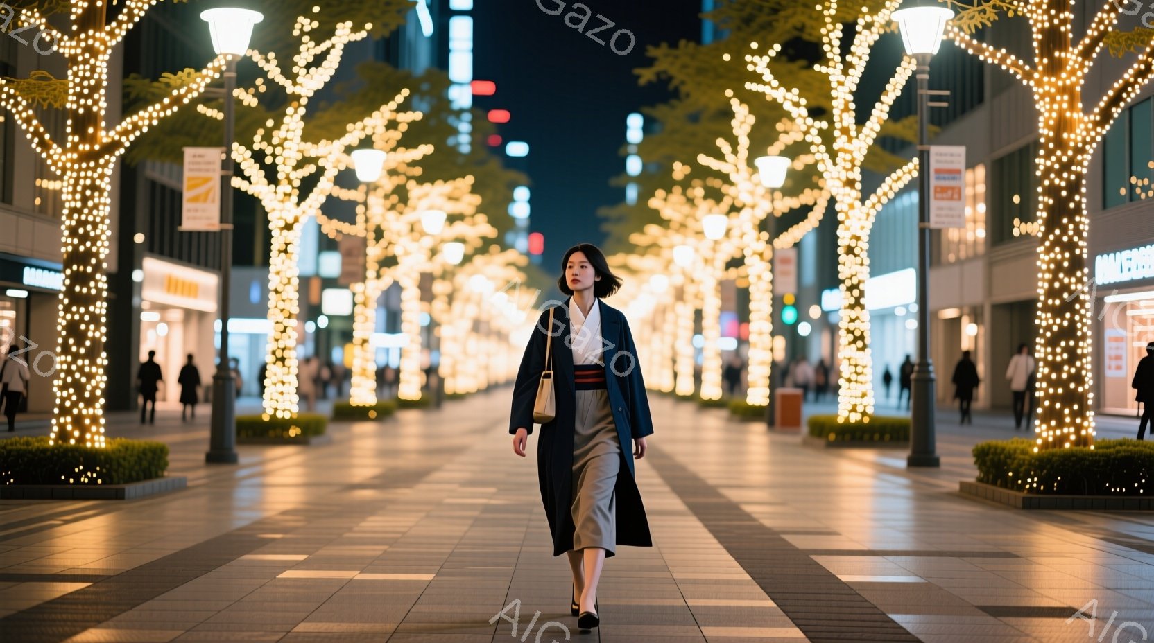 画像には、街路樹がイルミネーションで飾られた夜の通りを、和装の女性が歩いている様子が写っています。彼女は紺色の着物と帯を身につけ、ストレートヘアを肩まで伸ばしており、少し微笑んでいるように見えます。背景には現代的な建物が並び、多くの人が歩いており、暖かく幻想的な雰囲気が漂っています。