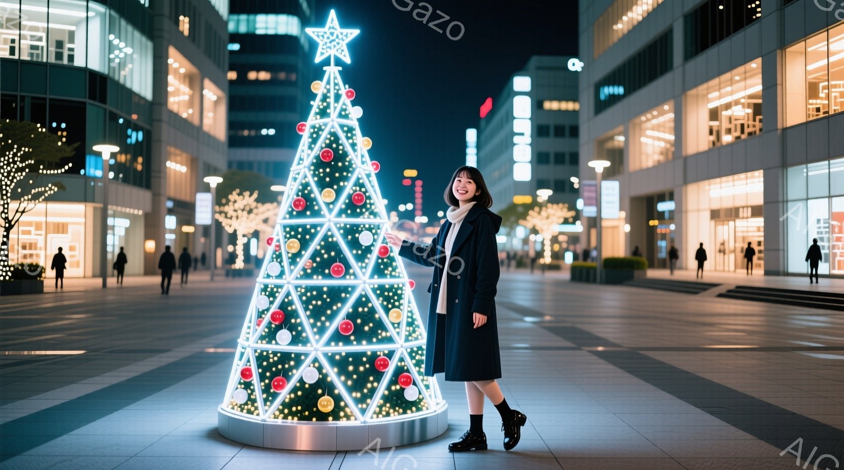 画像には、光り輝くクリスマスツリーのそばに立つ若い女性が写っています。彼女は黒いコートとブーツを履き、髪は肩までの長さで、笑顔を見せています。背景には、モダンな建物が立ち並び、夜空にはわずかな星が輝き、華やかで温かいクリスマスの雰囲気が漂っています。