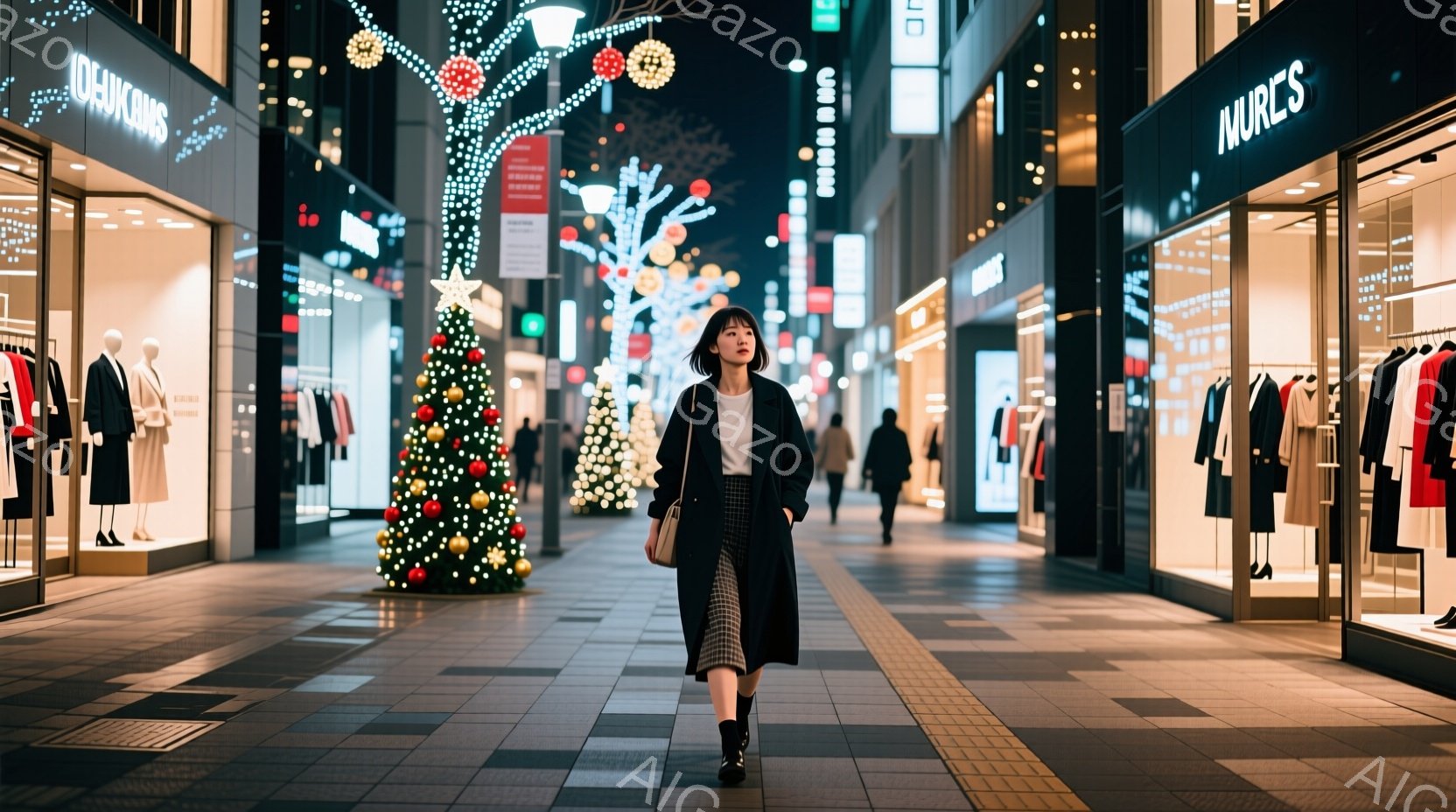 画像は、クリスマスイルミネーションで飾られた街路を歩く女性を捉えています。彼女は黒いロングコート、チェック柄のスカート、黒いブーツを履き、肩に小さなショルダーバッグをかけています。背景には、クリスマスツリーやショップのショーウィンドウが並び、夜の街の華やかな雰囲気を醸し出しています。