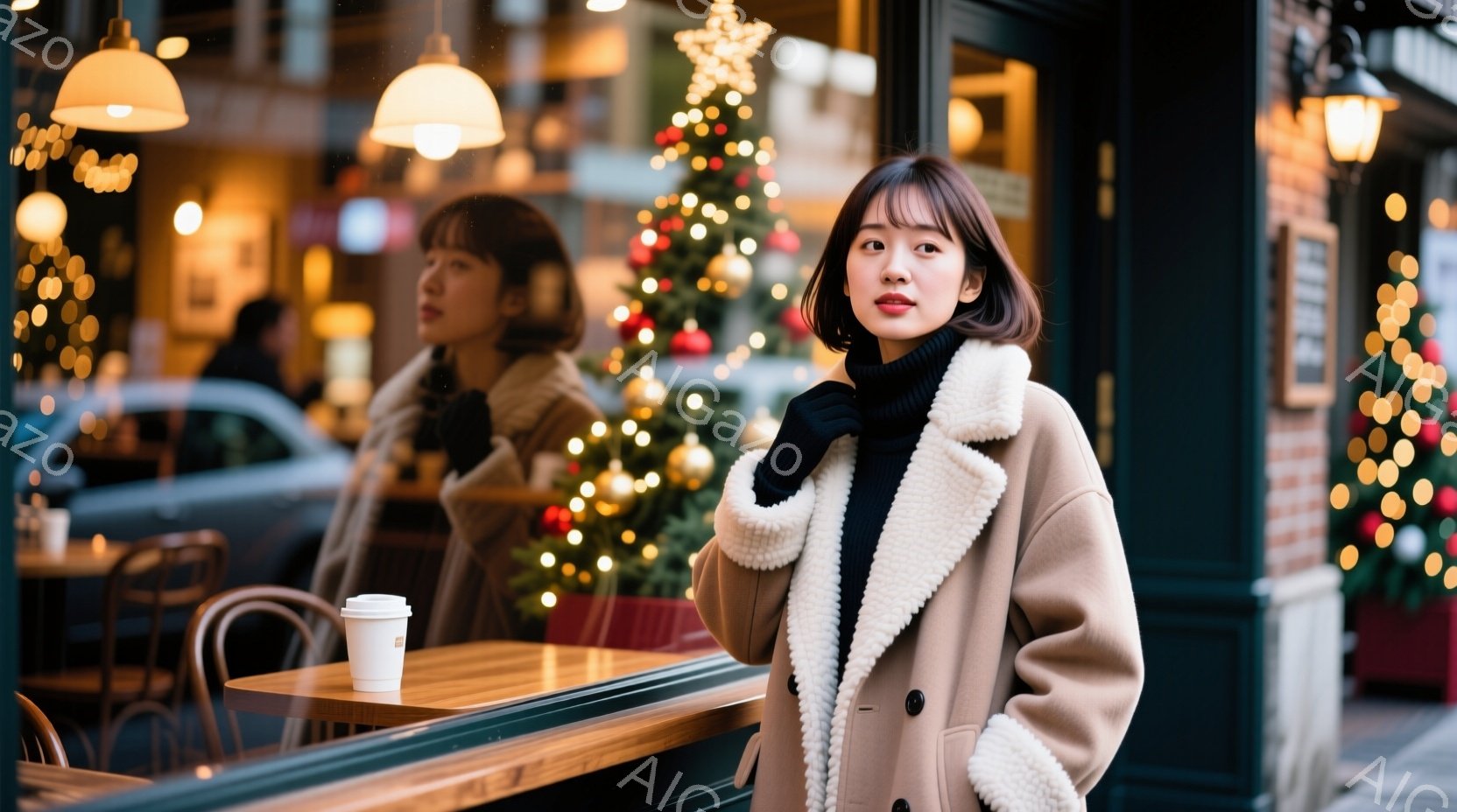 画像には、カフェの窓際に立つ若い女性が写っています。彼女はベージュ色のファー襟のコートに黒いセーターを着ており、黒髪のショートボブヘアに少し微笑んだ表情をしています。背景にはクリスマスの装飾が施されたカフェの内部と、ぼやけた街並みが見え、温かく華やかな雰囲気を醸し出しています。