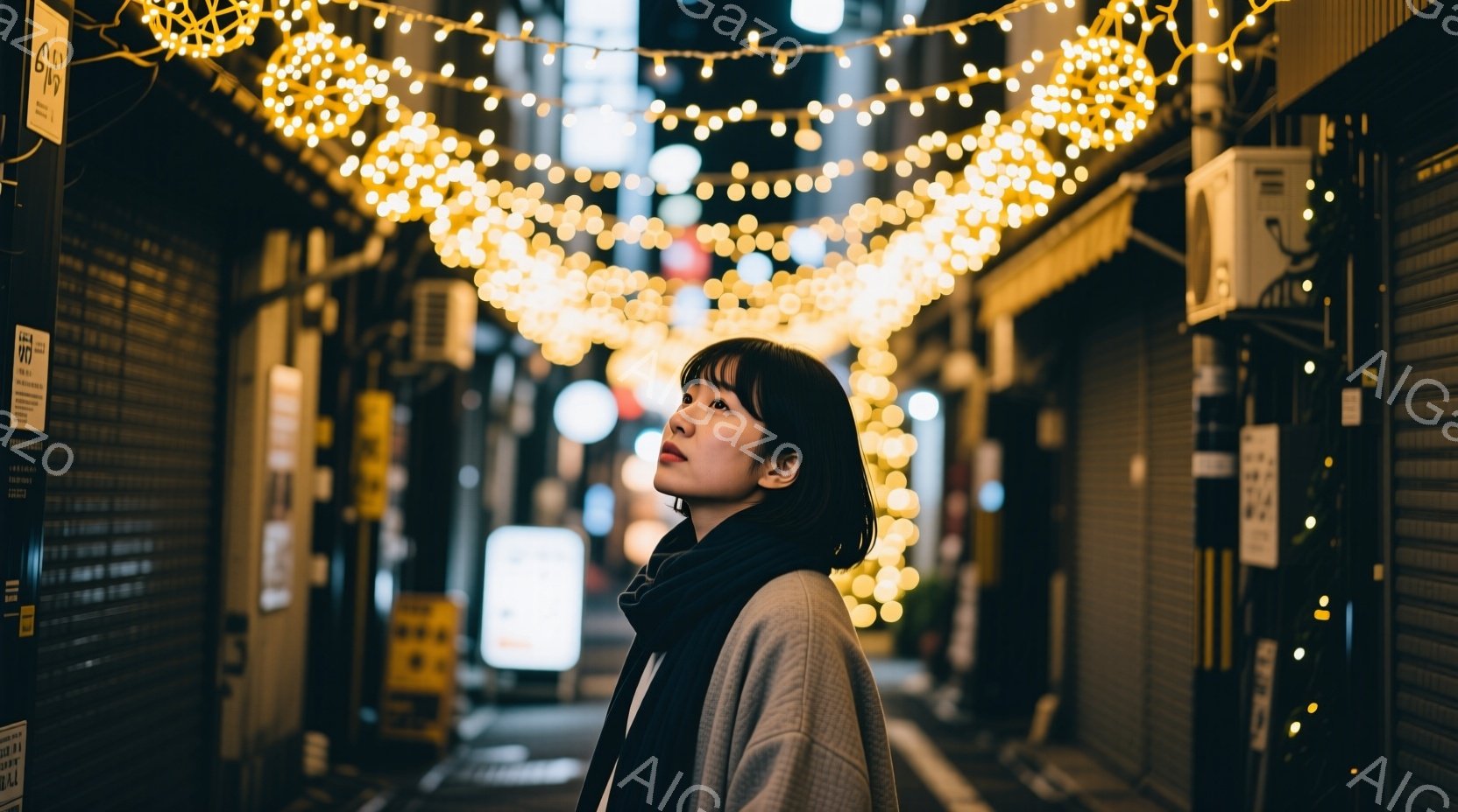 短い黒髪で、グレーのセーターと黒いスカーフを身につけた女性が、暗い路地の奥を上を見ている。彼女はやや物憂げな表情で、何かを考えているようにも見える。背景には、たくさんの電球が輝き、路地全体を暖かく照らし出している。