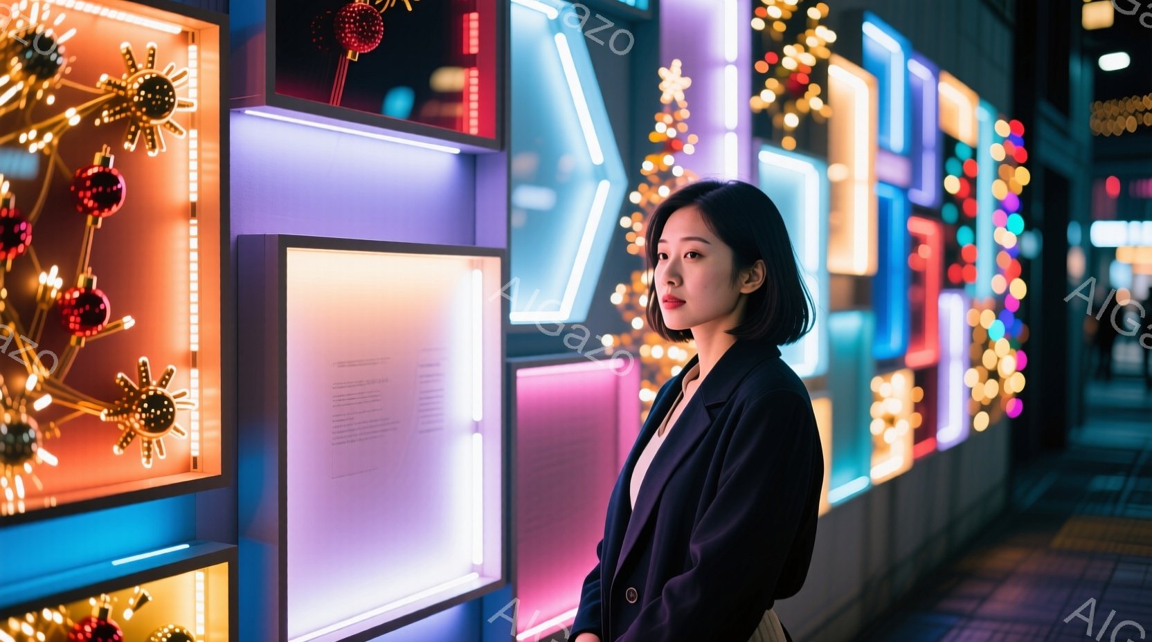 黒いジャケットを着た若い女性が、カラフルなネオンライトのインスタレーションの前に立っている。彼女は肩を少し内側に寄せ、少し横を向いており、表情は少しクールで落ち着いている。背景は夜の街並みで、様々な色のネオンライトがぼやけて光り、都会的で幻想的な雰囲気を醸し出している。