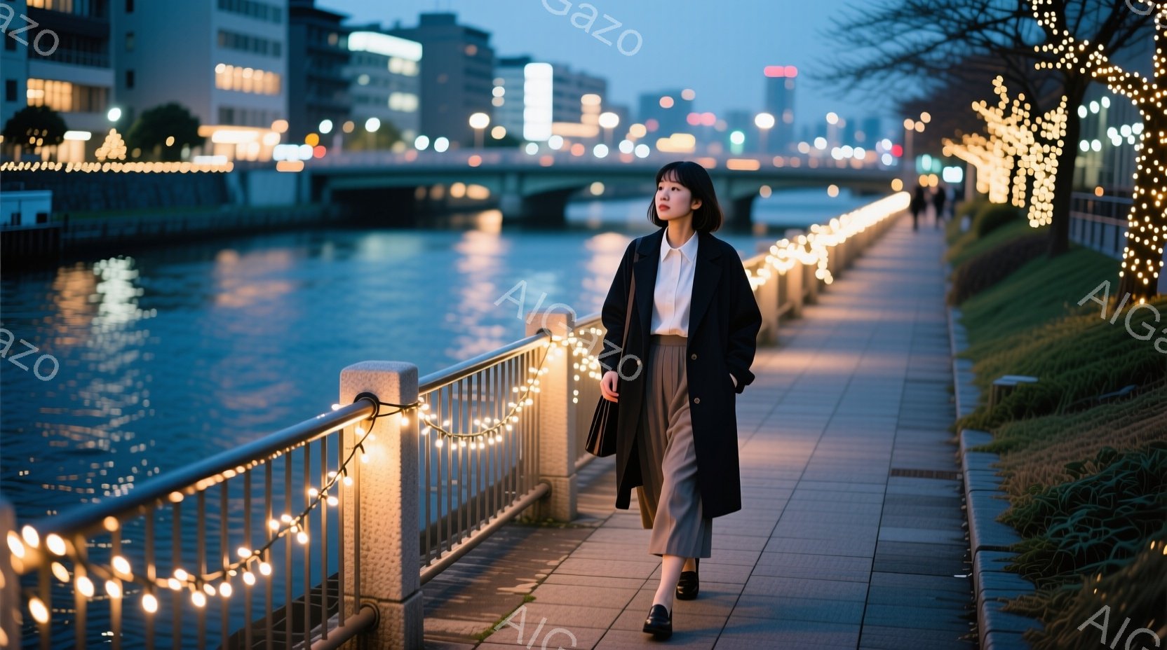 長い黒いコートを着た若い女性が、川沿いの遊歩道を歩いている。彼女はショートヘアで、少し内を向いた表情をしている。背景には、ライトアップされた建物と川が広がり、遊歩道には暖かい光のイルミネーションが飾られている。