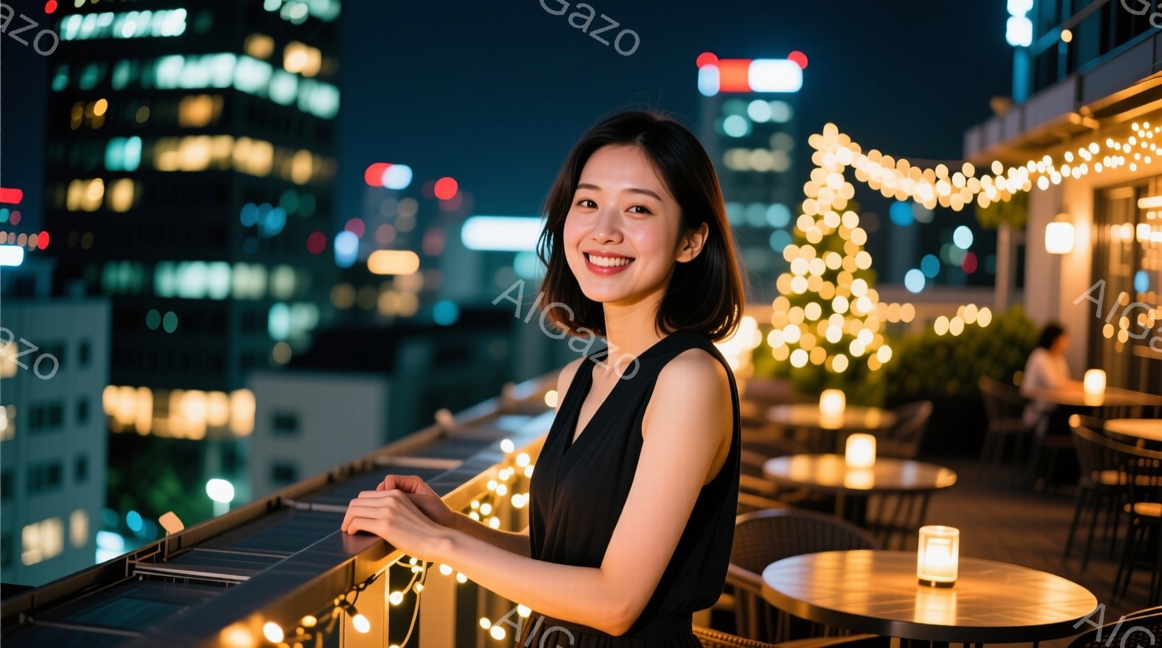 屋上テラスに立つ女性は、黒のキャミソールワンピースを着て、肩を少し落としたポーズで微笑んでいます。背景には夜景が広がり、温かい光のイルミネーションがロマンチックな雰囲気を演出しています。テーブルにはキャンドルが灯り、夜空の下での特別な時間を表現しています。
