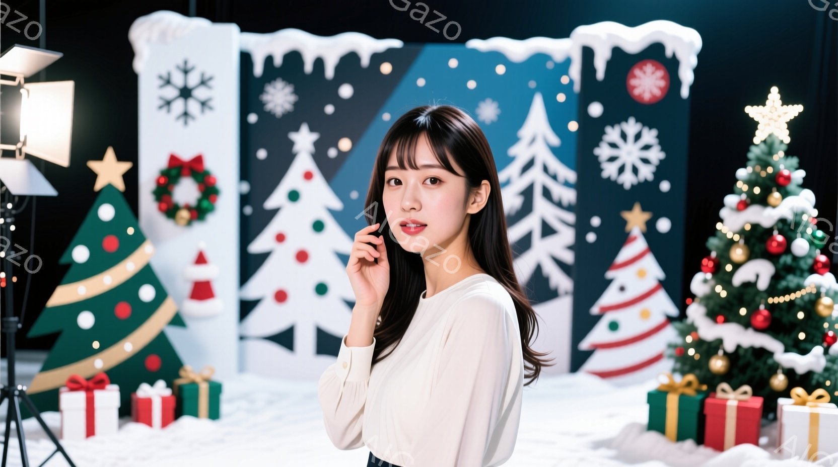 長い黒髪を肩で分けている女性は、白いブラウスを着て少し微笑んでいます。彼女は片手を顔の横にあて、リラックスした姿勢でカメラを見つめています。背景にはクリスマスツリーやプレゼント、雪の結晶が描かれた装飾があり、全体的に温かく華やかなクリスマスの雰囲気が漂っています。
