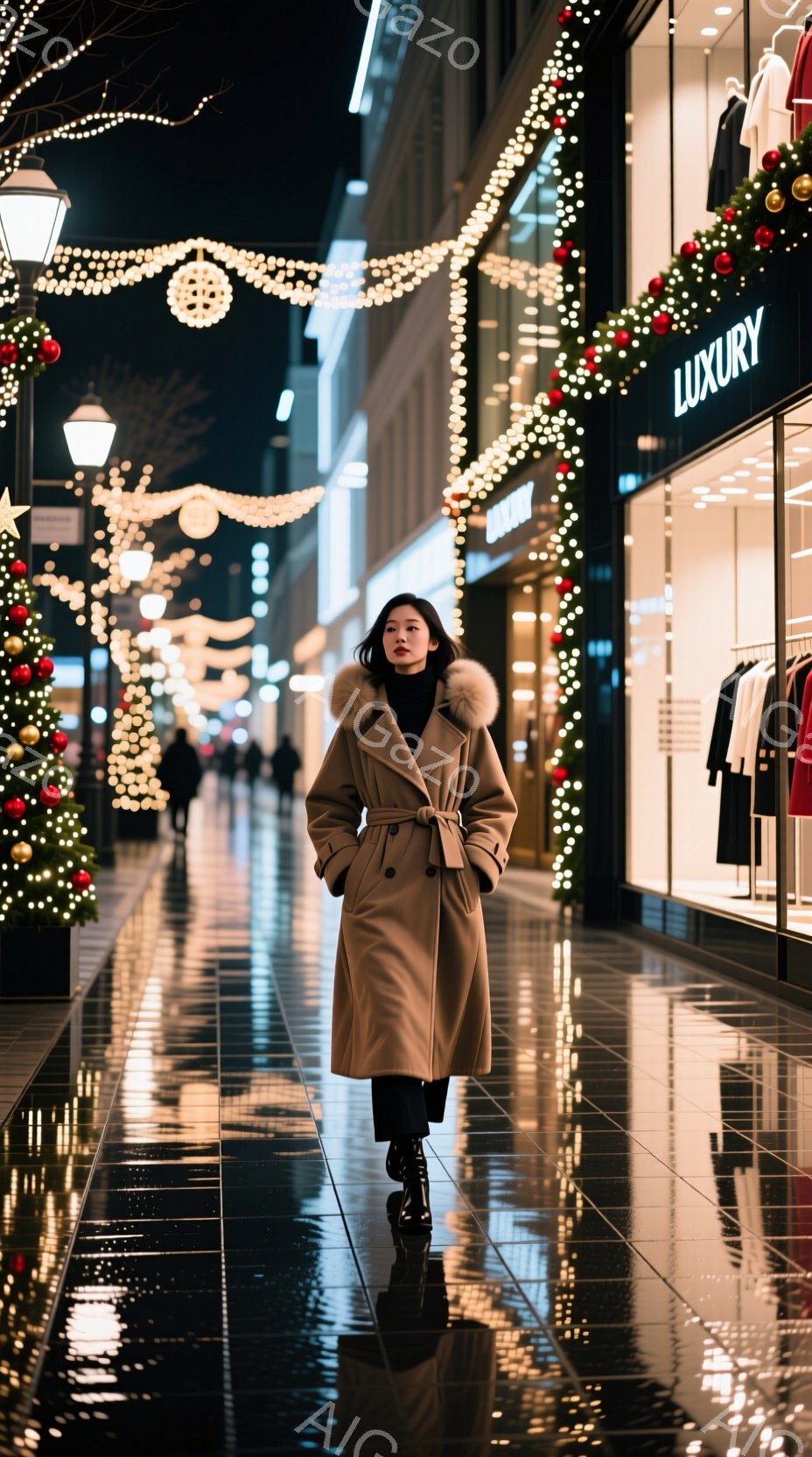 街路はクリスマス装飾で彩られ、路面は雨で濡れて光を反射している。女性はベージュ色のファー襟のコートを着て、少し内向きに歩いている様子で、表情は穏やかだ。背景にはショーウィンドウやクリスマスの飾り付けが見え、全体的に暖かく、華やかな雰囲気を醸し出している。