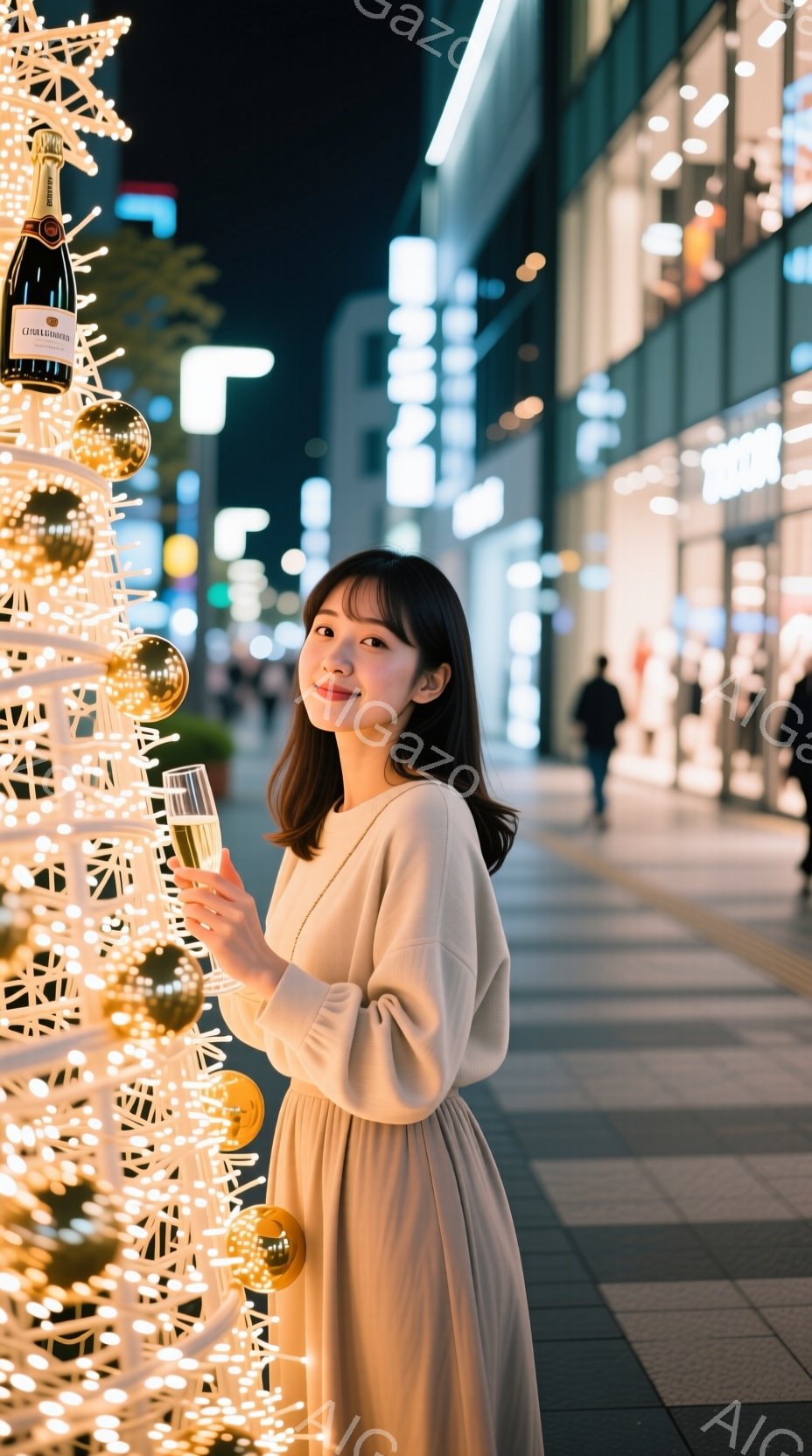 明るいイルミネーションの前に立つ女性が写っています。ベージュ色のワンピースを着ており、肩まで伸びたダークブラウンの髪は軽くカールしています。彼女は微笑んでおり、片手にシャンパンの入ったグラスを持っています。