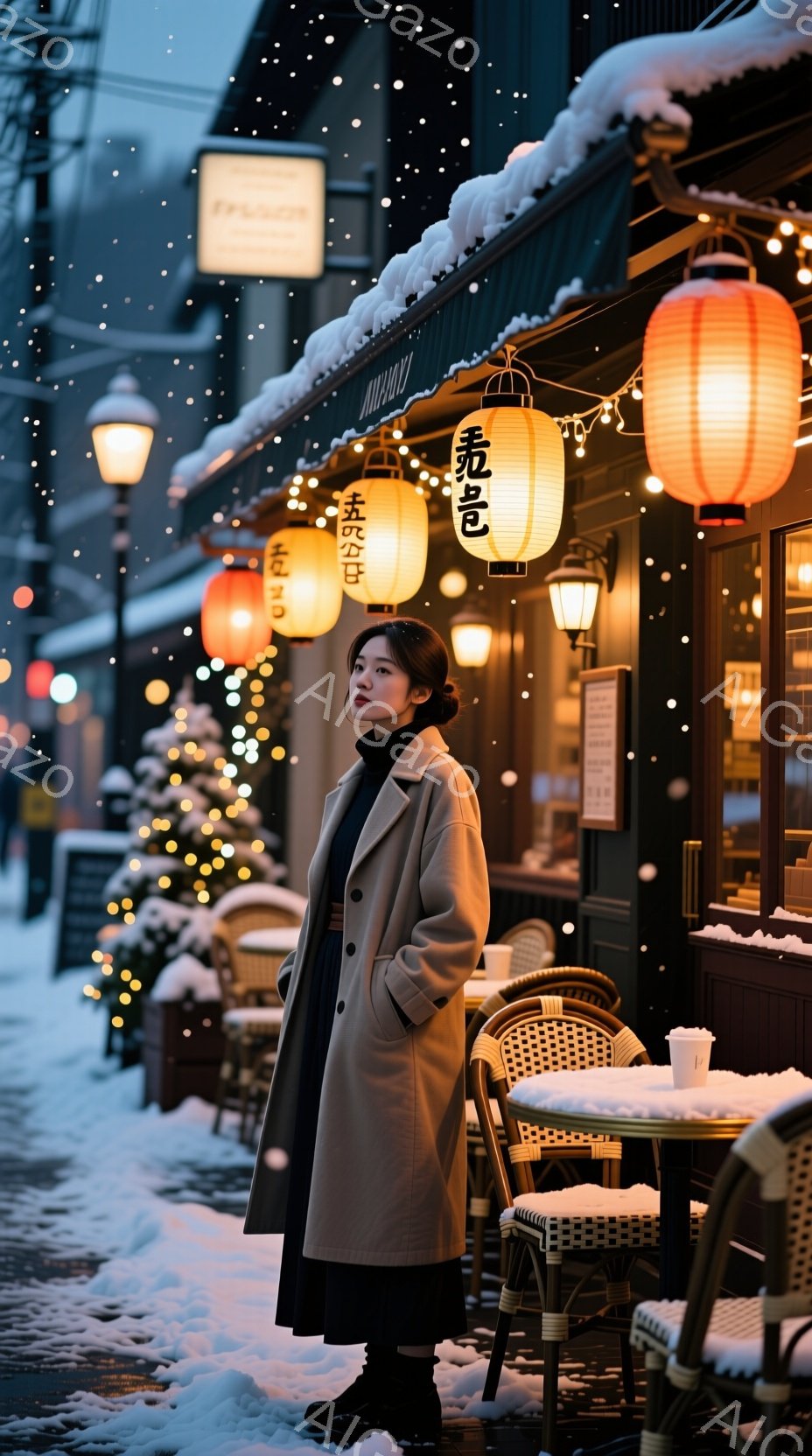 長いベージュ色のコートを着た女性が、雪の降る夜のカフェ前に立っている。彼女は黒い髪を後ろで一つにまとめ、少し憂いを帯びた表情で正面を見ている。背景には提灯やイルミネーションが輝き、カフェの椅子やテーブルは雪に覆われており、幻想的な冬の夜の雰囲気を醸し出している。