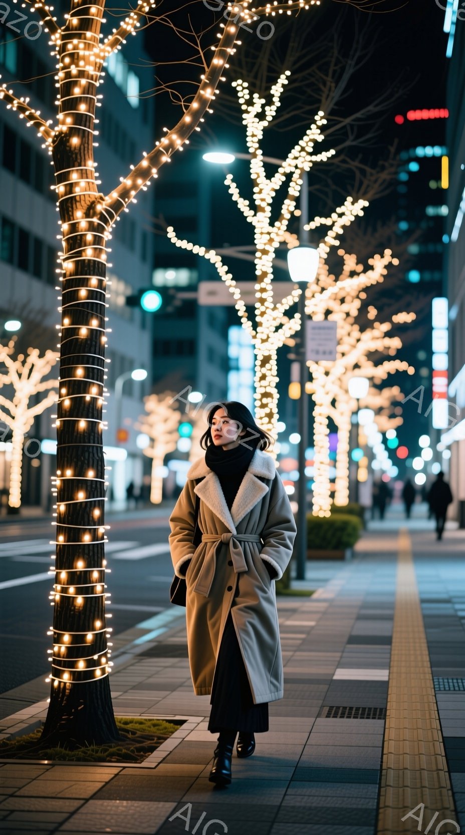 長いベージュ色のコートを羽織り、黒いスカートを履いた女性が、イルミネーションで飾られた並木道を歩いている。彼女は少し下を向いており、表情はどこか物憂げで、冬の夜の静けさを感じさせる。背景には、電飾で輝く木々と、ぼんやりと見える建物があり、都会の夜の静寂と暖かさが共存する雰囲気を醸し出している。