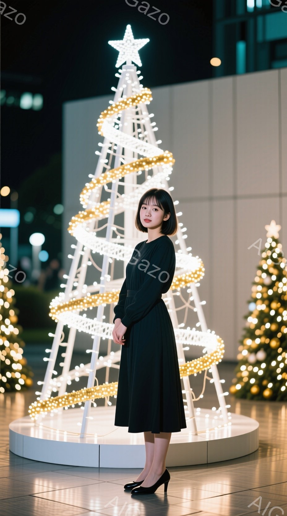 黒いミモレ丈のワンピースを着た女性が、イルミネーションで飾られた白いクリスマスツリーの前に立っている。彼女は黒髪のボブヘアで、少し微笑んでいるように見える。背景には他のイルミネーションツリーや建物が見え、夜の静かで華やかな雰囲気を醸し出している。