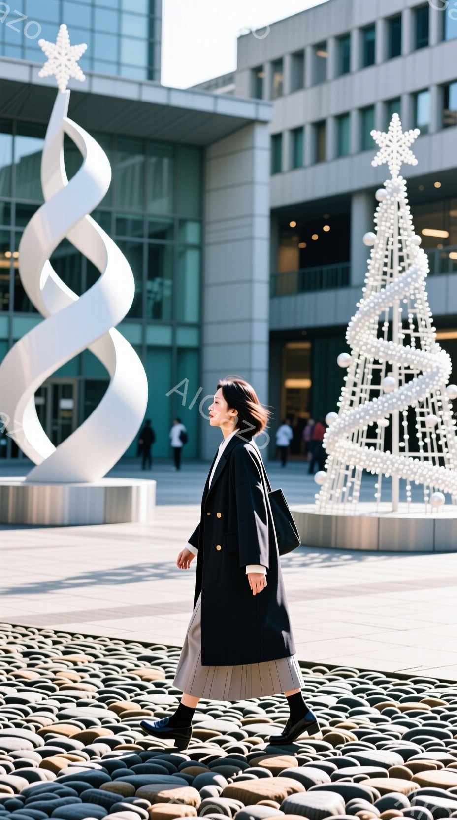 長い黒いコートとプリーツスカートを身に着けた女性が、石畳の広場を歩いている。彼女は髪を後ろでまとめ、少し顔を上げ、前を見つめている。背景には、近代的な建物とクリスマスの飾り付けが施された白い彫刻があり、晴れた日の穏やかな雰囲気が漂っている。