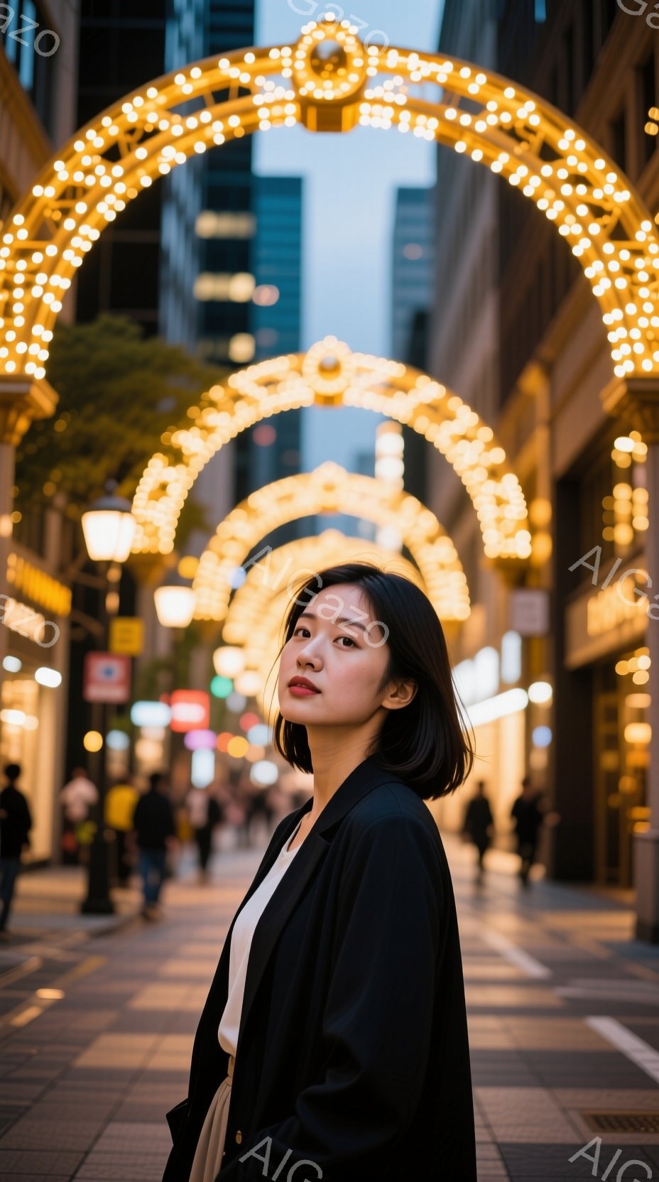 黒いジャケットに白いインナーを着た若い女性が、少し横を向いてこちらを見ている。彼女は短めの黒髪で、口元は少し微笑んでいるように見える。背景には、光り輝くアーチが並び、多くの人が歩いている賑やかな街並みが広がっており、夜の華やかな雰囲気を醸し出している。