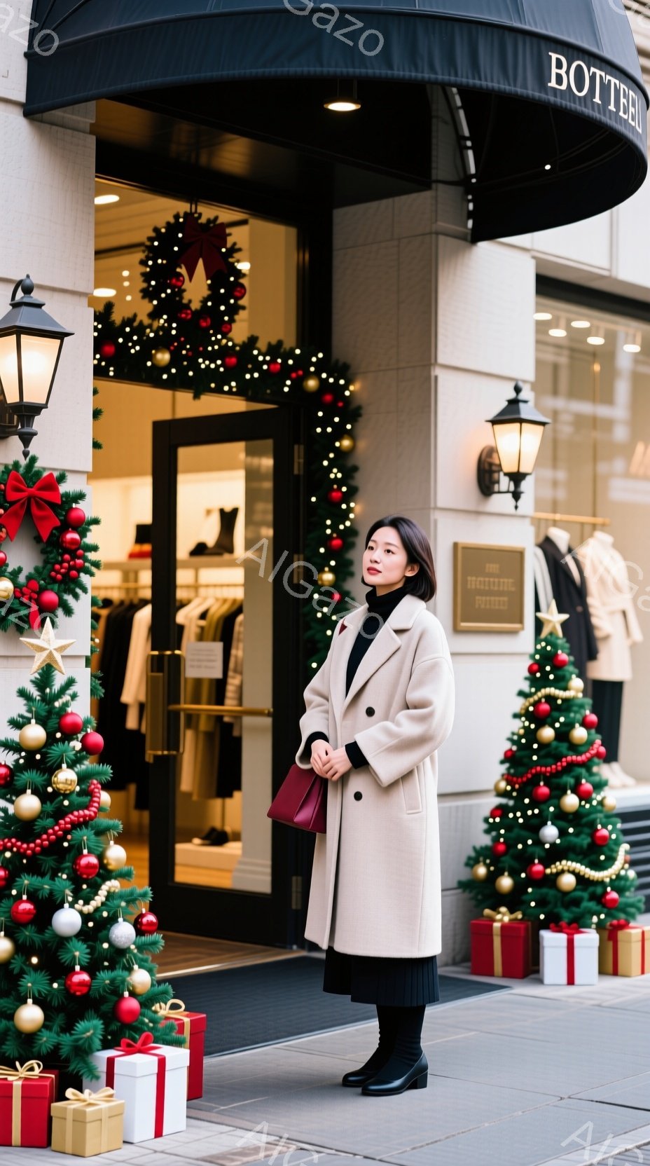 長いベージュのコートを羽織った女性が、黒いドレスとブーツを身につけ、赤いハンドバッグを持っています。彼女はまっすぐ前を見て立ち、控えめで落ち着いた表情をしています。背景にはクリスマスツリーやプレゼントの箱が飾られ、高級ブティックの入り口にかかる黒い日よけが見え、華やかで冬の祝祭の雰囲気が漂っています。