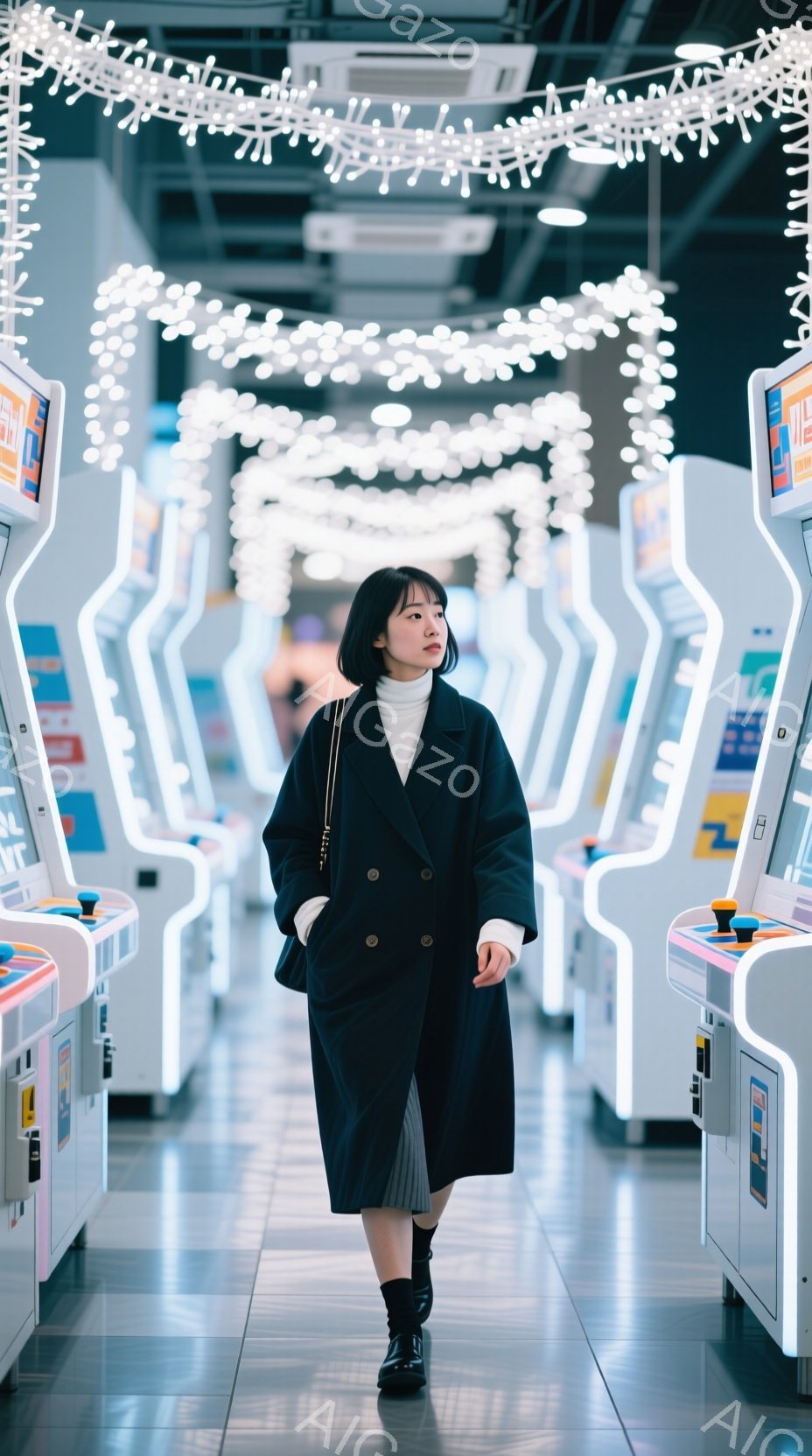黒いロングコートを着た女性が、ゲームセンターのような場所を正面から見つめて立っている。彼女はダークグレーのプリーツスカートと黒いブーツを履き、髪は短くダークカラーで、表情は穏やかで少し微笑んでいるように見える。背景には、カラフルな光を放つゲーム機が並び、天井には白い光の装飾が施されており、華やかで少しノスタルジックな雰囲気を作り出している。