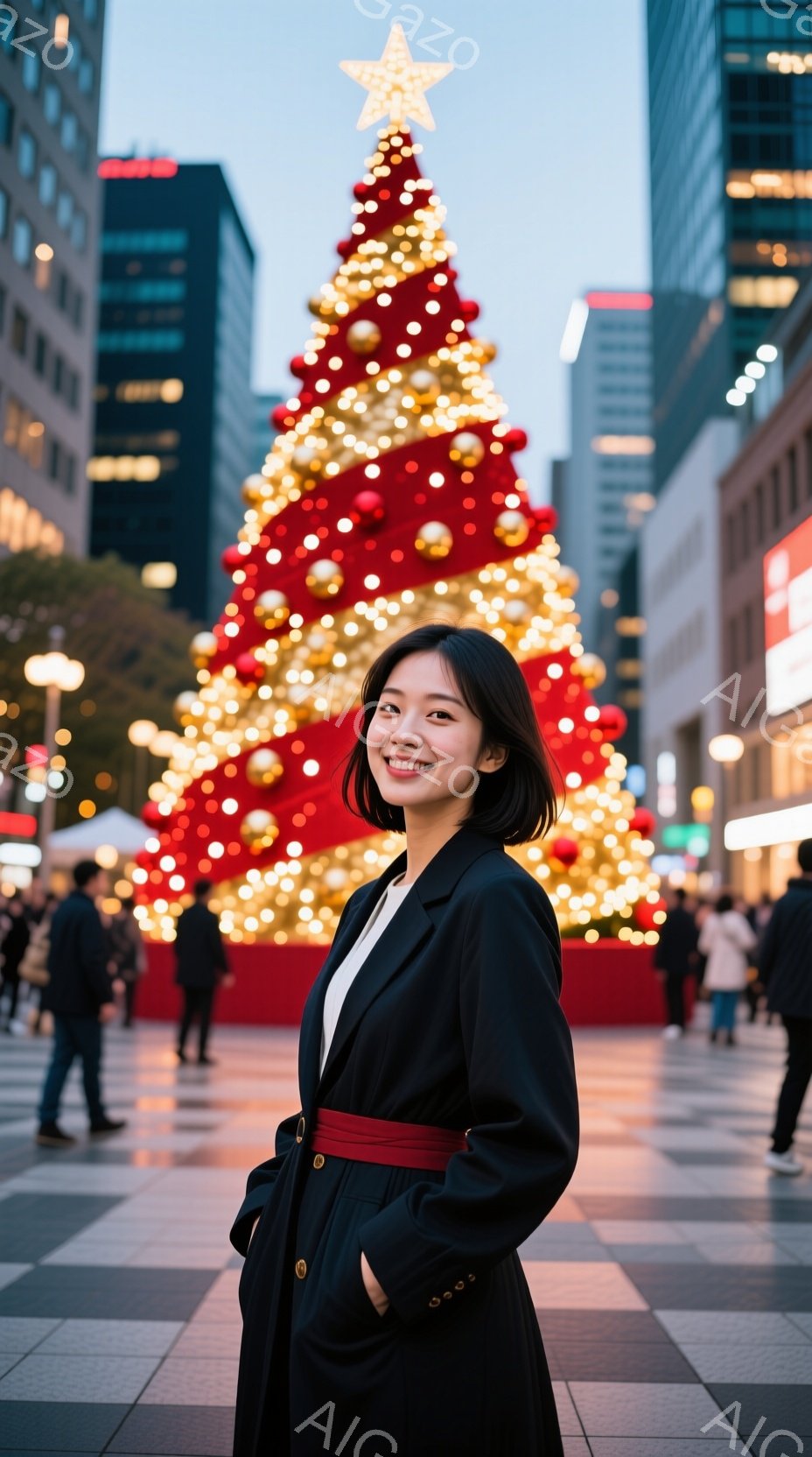 画像には、黒いコートに赤いベルトを締めた若い女性が写っています。彼女は少し微笑んでおり、背景には巨大なクリスマスツリーが輝いています。周辺には人々が歩き、近代的な建物が立ち並び、冬の夕暮れ時の都市の雰囲気を醸し出しています。