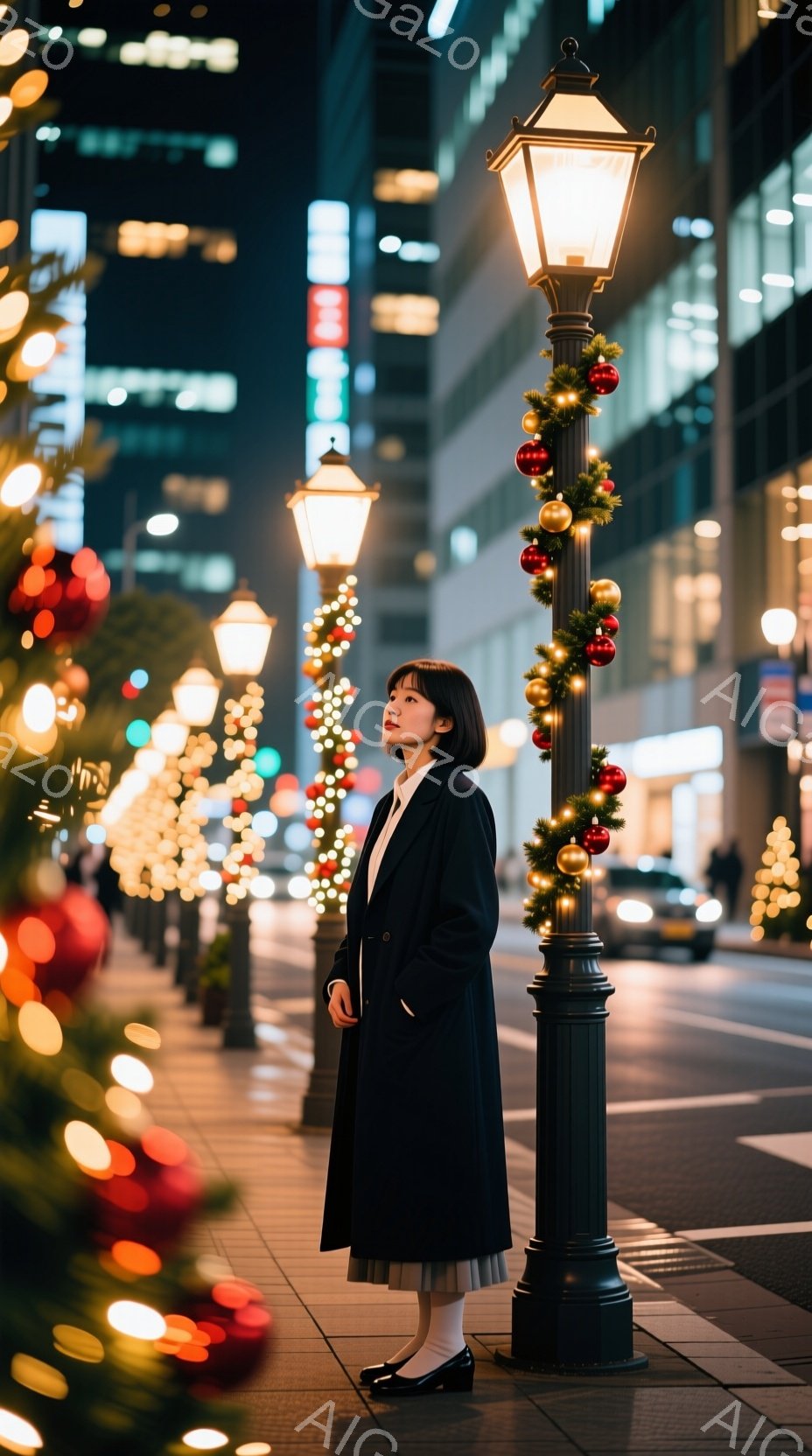画像には、クリスマスイルミネーションが輝く夜の街並みに佇む女性が写っています。彼女は黒のロングコートに膝丈のスカート、黒のパンプスを履き、ダークブラウンのショートボブヘアで、少し上を見つめる表情をしています。背景には、高層ビル群と、緑と赤の飾りで彩られた街灯が並び、華やかでロマンチックな雰囲気を醸し出しています。