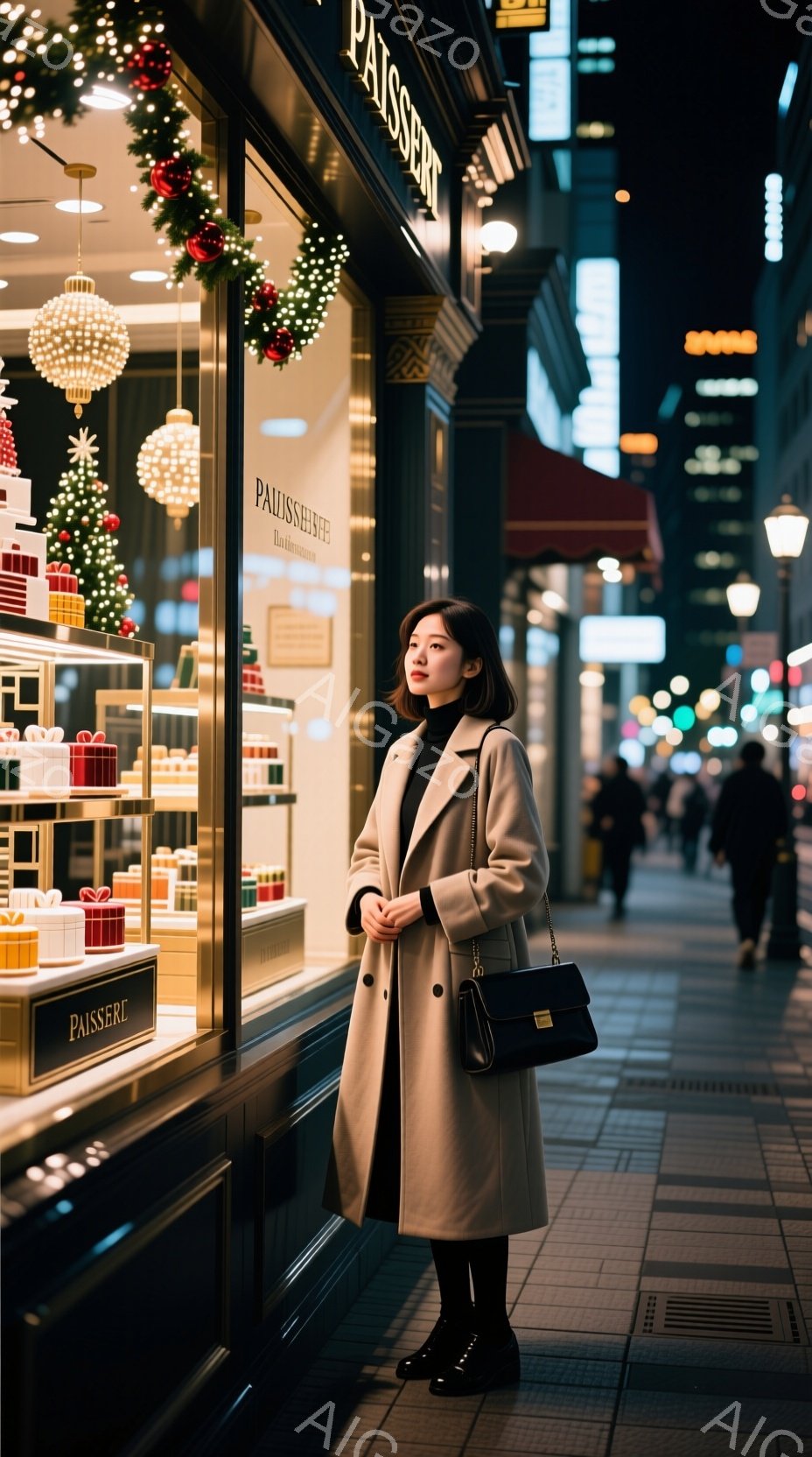 長いベージュのコートを着た女性が、ショーウィンドウを眺めて立っている。彼女は黒いタイツとブーツを履き、肩に黒いチェーンバッグをかけている。背景にはクリスマスの装飾が施されたパティスリーのショーウィンドウと、ぼやけた街並みが広がり、夜の静かで落ち着いた雰囲気が漂っている。