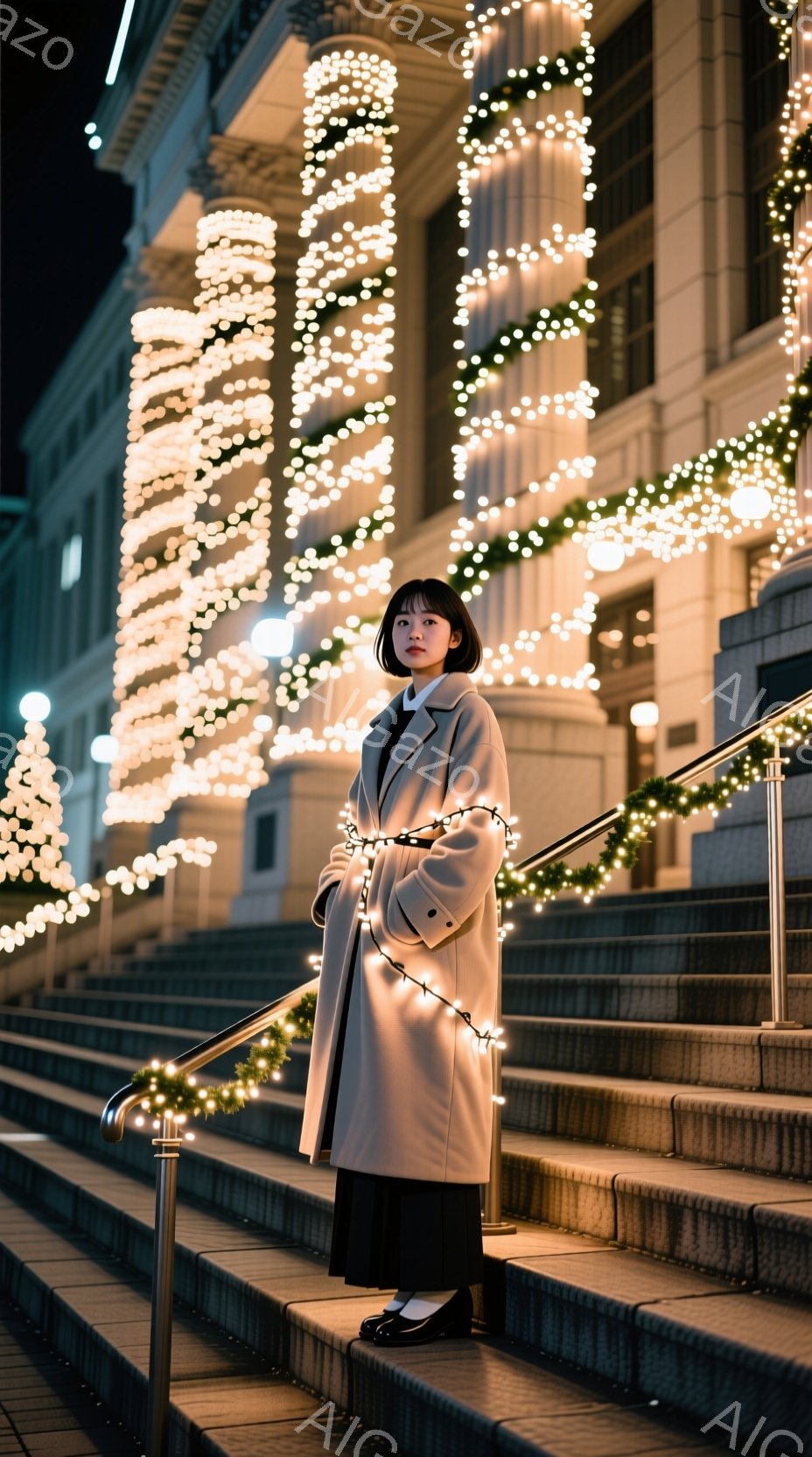 長いベージュ色のコートを着た若い女性が、イルミネーションで飾られた階段に立っています。彼女は黒いスカートと黒い靴を履き、ダークカラーのボブヘアで、表情は穏やかです。背景には、ライトアップされた柱やクリスマスツリーが見え、夜の静かで幻想的な雰囲気を醸し出しています。