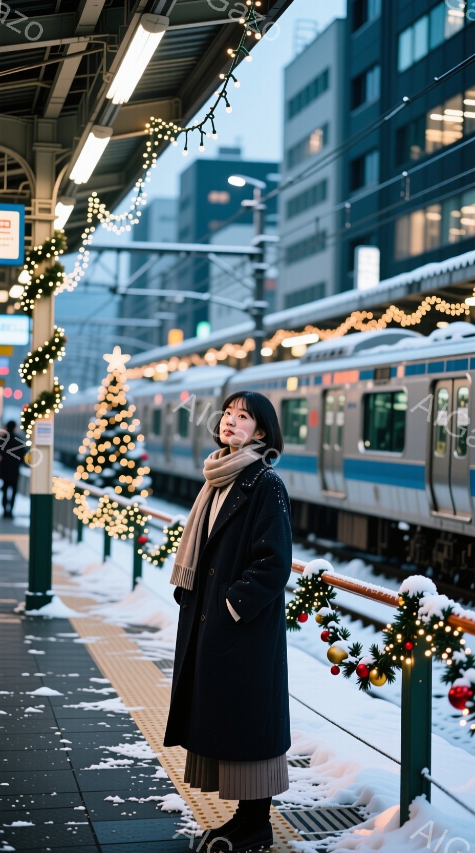 黒いロングコートとベージュのセーターを着た若い女性が、雪が積もった電車のプラットフォームに立っている。彼女は黒髪で、肩までの長さのボブスタイルで、少し微笑んでおり、リラックスした表情をしている。背景には、クリスマス装飾が施されたプラットフォームと、雪景色の中に佇む電車が見え、冬の暖かく穏やかな雰囲気を醸し出している。